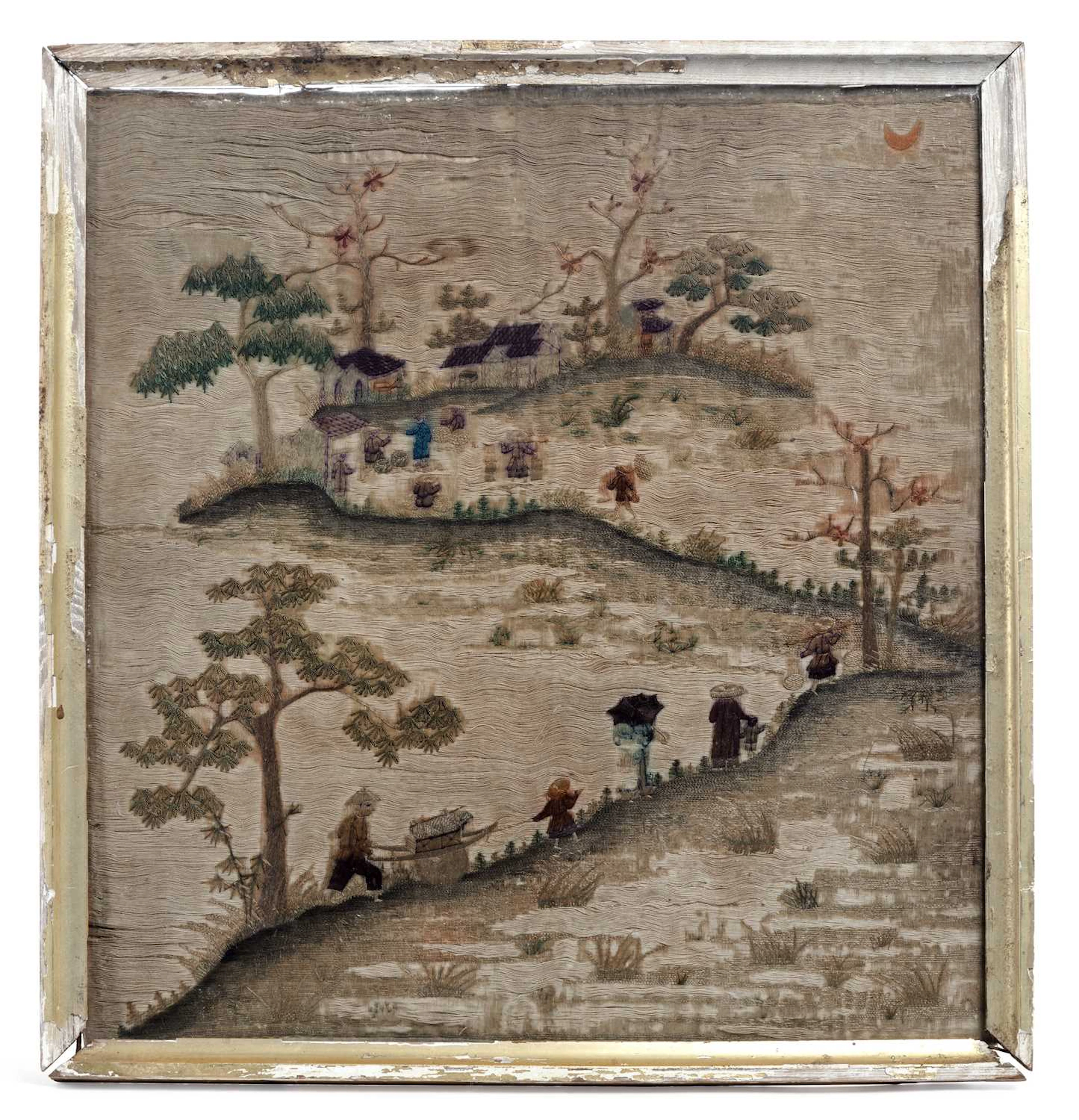 A CHINESE SILK NEEDLEWORK PANEL 19TH CENTURY
