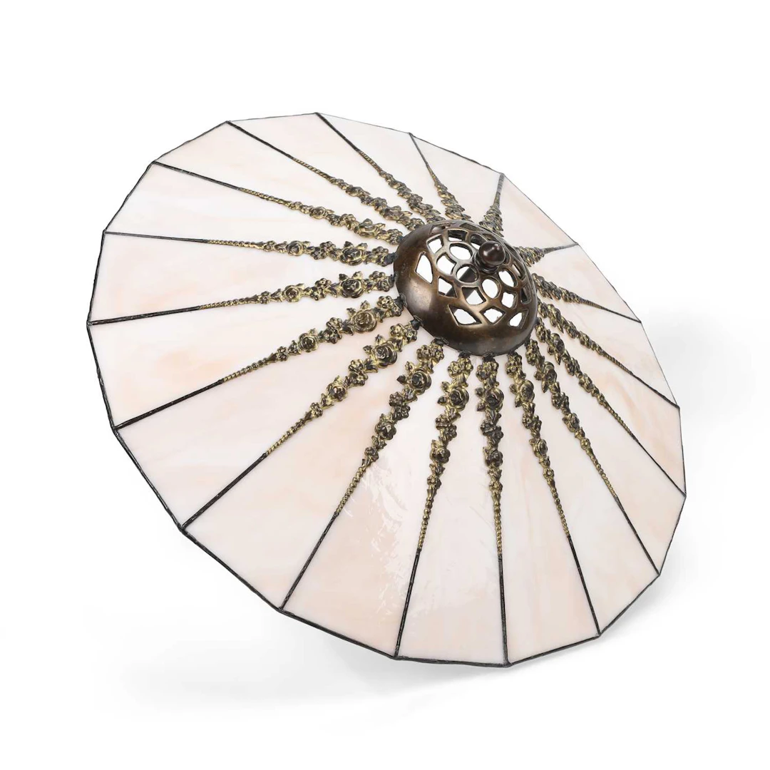 A TIFFANY STYLE LEADED GLASS CONICAL CEILING UPLIGHTER
