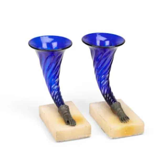 A PAIR OF BLUE GLASS CORNUCOPIA VASES