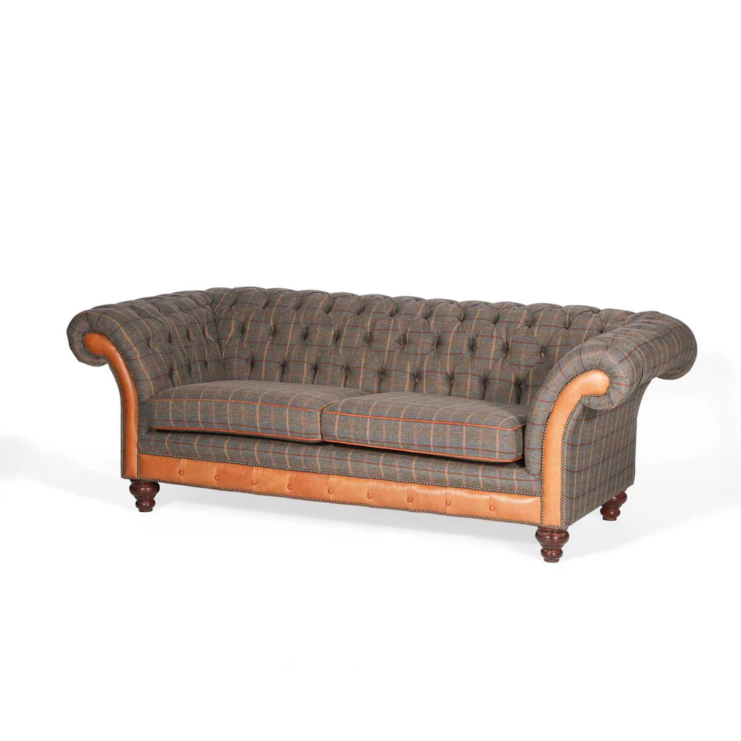 A HARRIS TWEED AND LEATHER CHESTERFIELD SETTEE