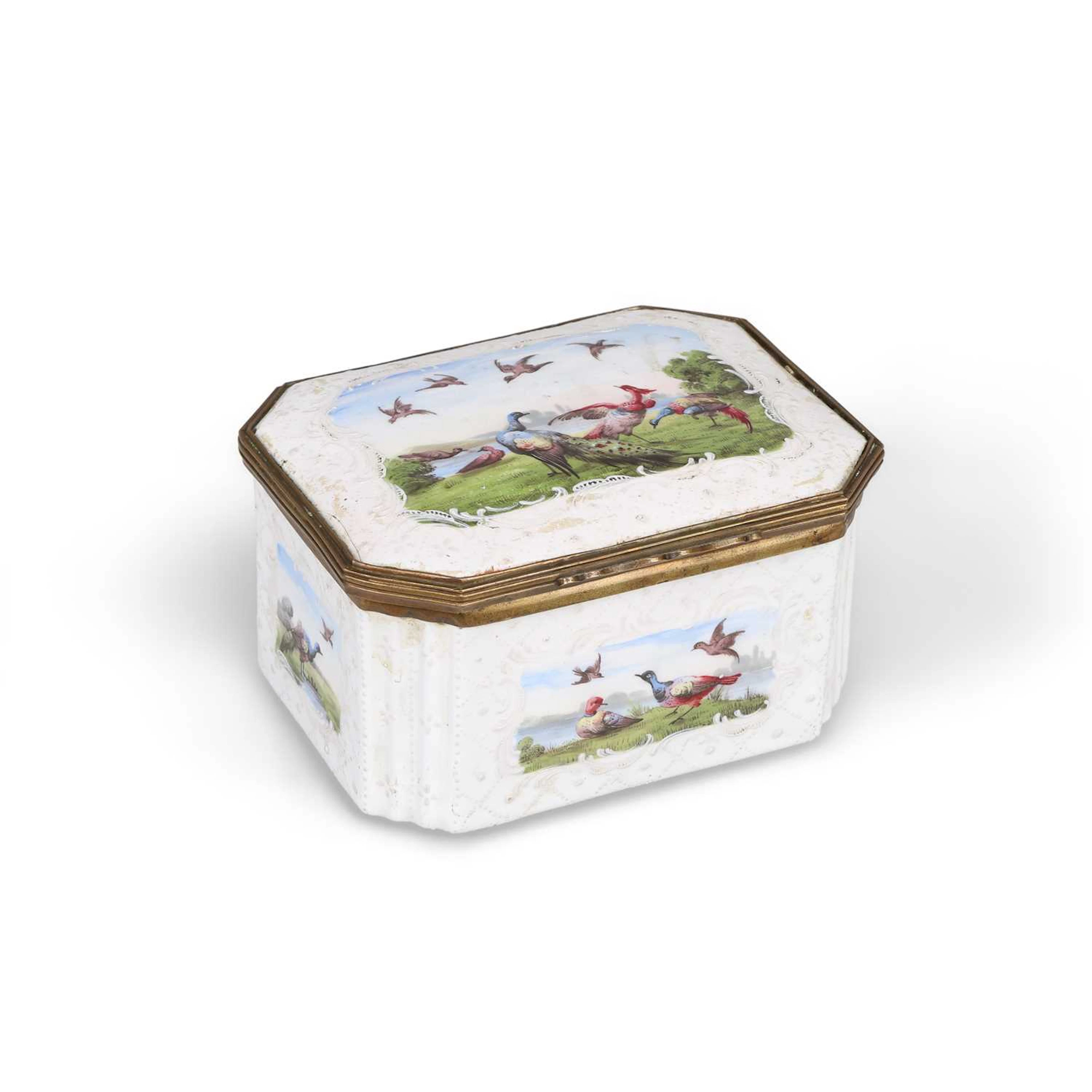 A SOUTH STAFFORDSHIRE MOULDED ENAMEL CASKET