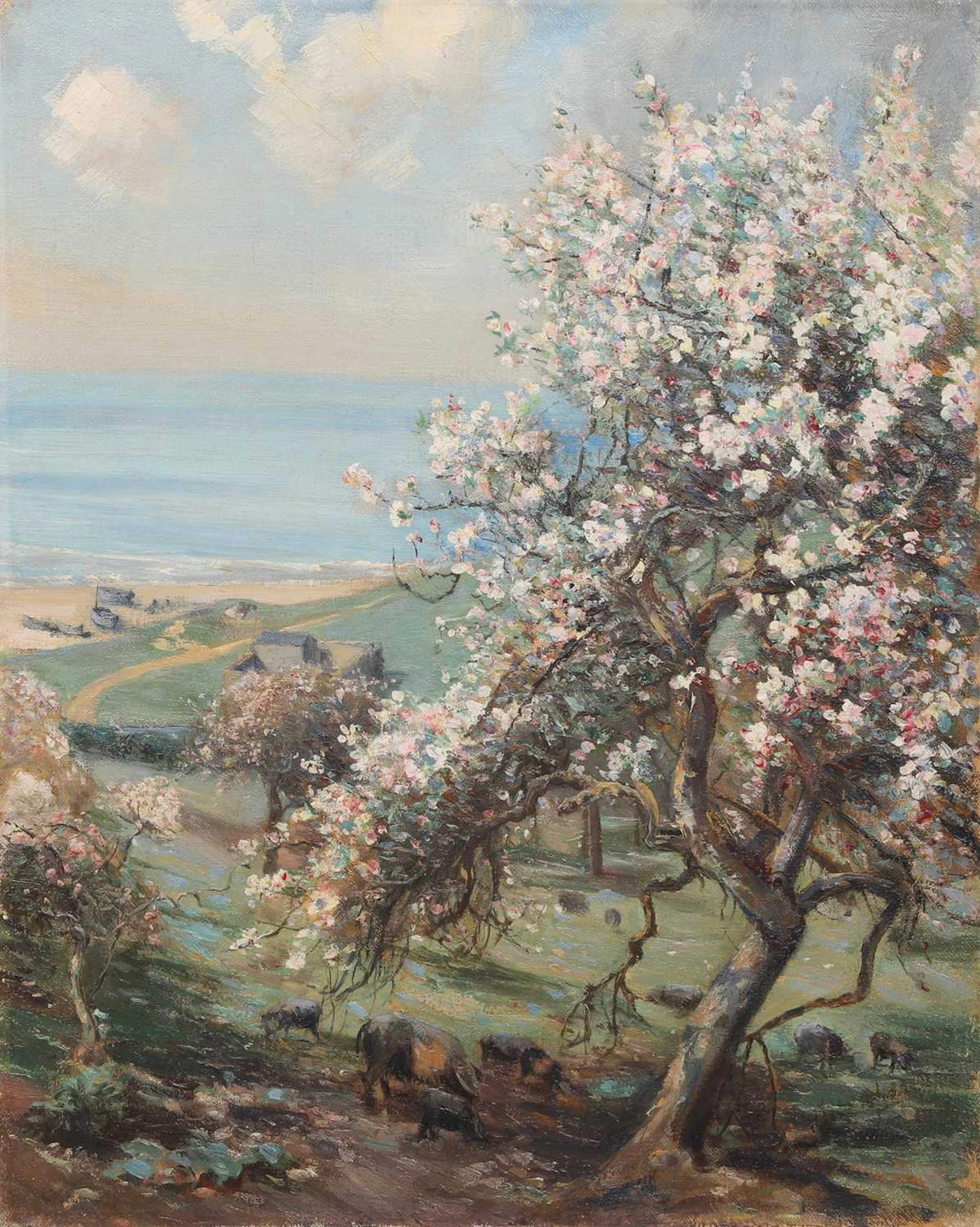 ENGLISH IMPRESSIONIST SCHOOL (EARLY 20TH CENTURY) BLOSSOM TREE ON THE COAST