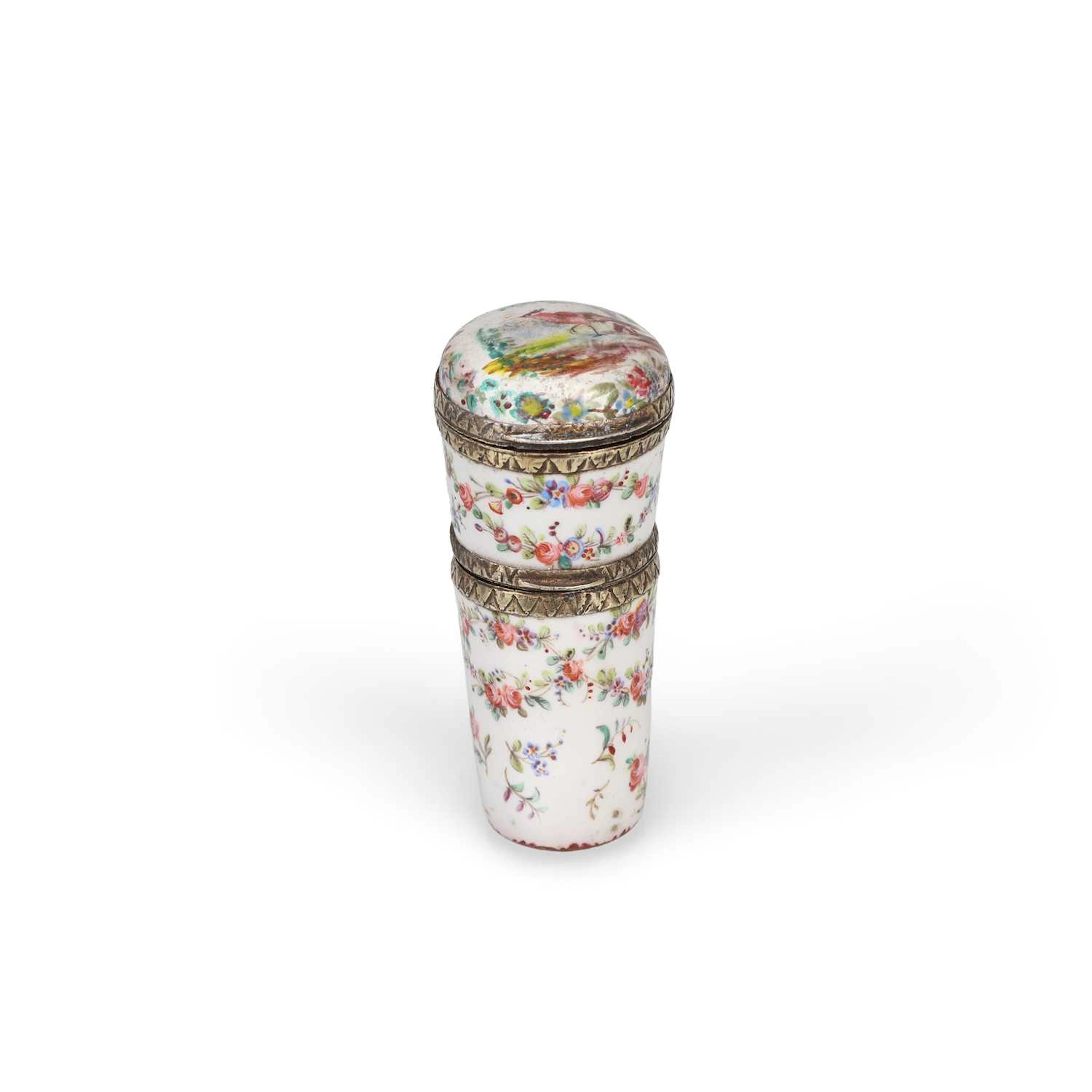 A FRENCH SILVER MOUNTED ENAMEL DOUBLE BOX IN A FITTED PARIS RETAILER'S CASE