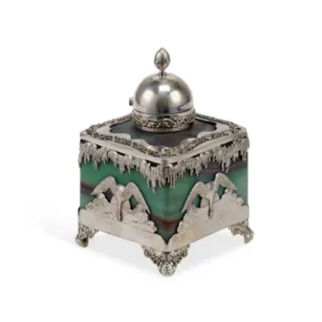 A LARGE FRENCH ART NOUVEAU SILVER AND GLASS INKWELL