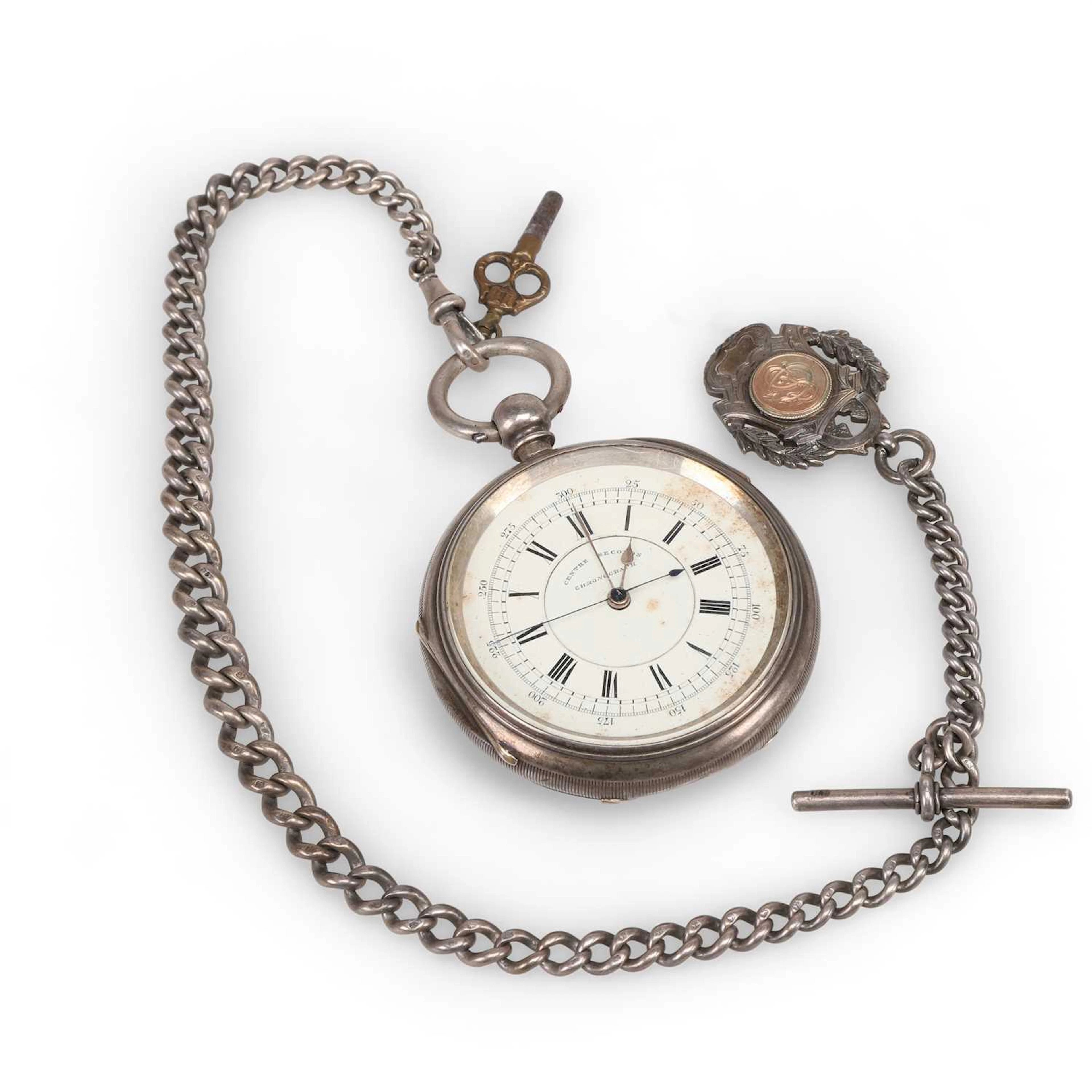 A SILVER CHRONOGRAPH POCKET WATCH AND ALBERT CHAIN