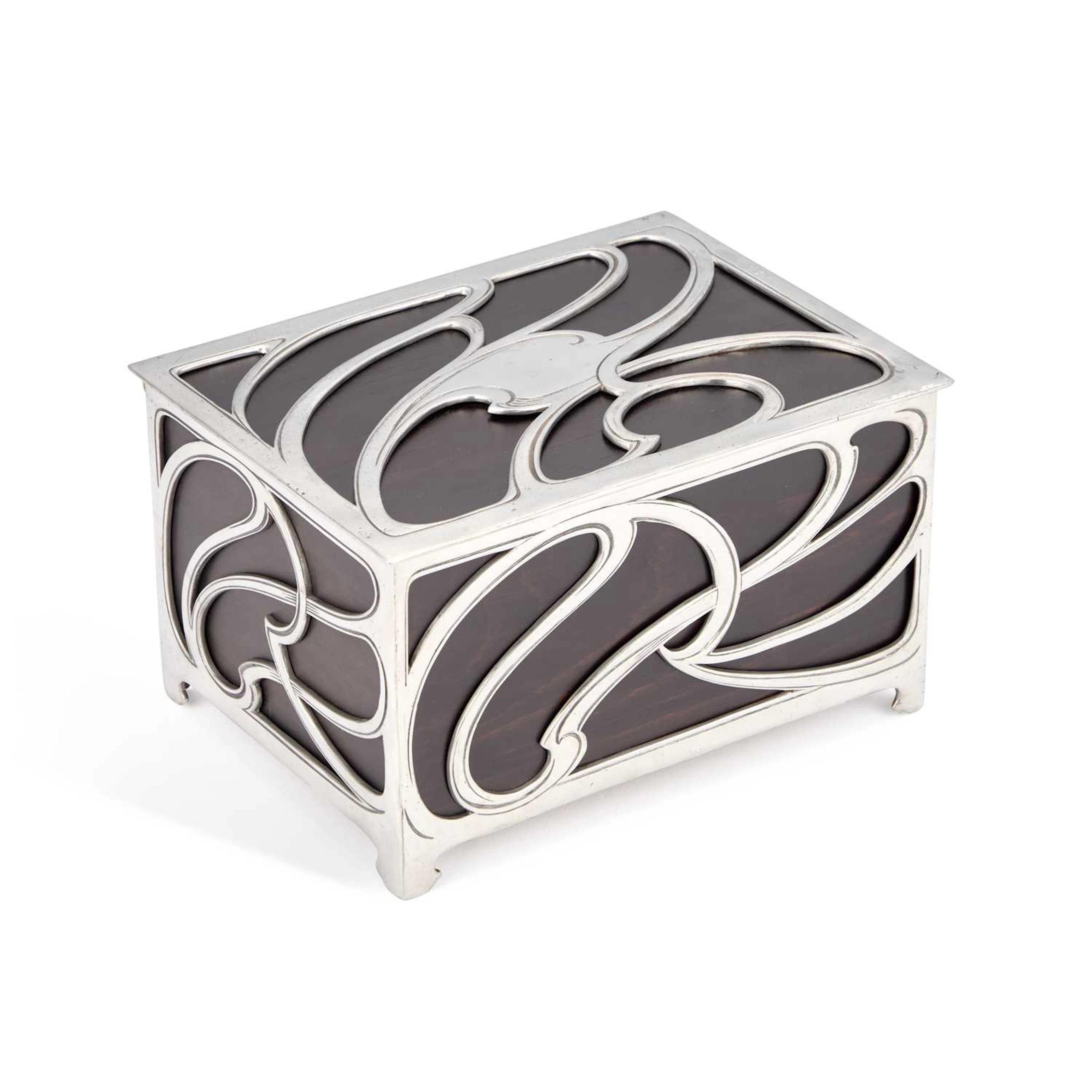 WMF (WÜRTTEMBERGISCHE METALLWARENFABRIK) A SILVERED METAL AND WOODEN CIGAR BOX