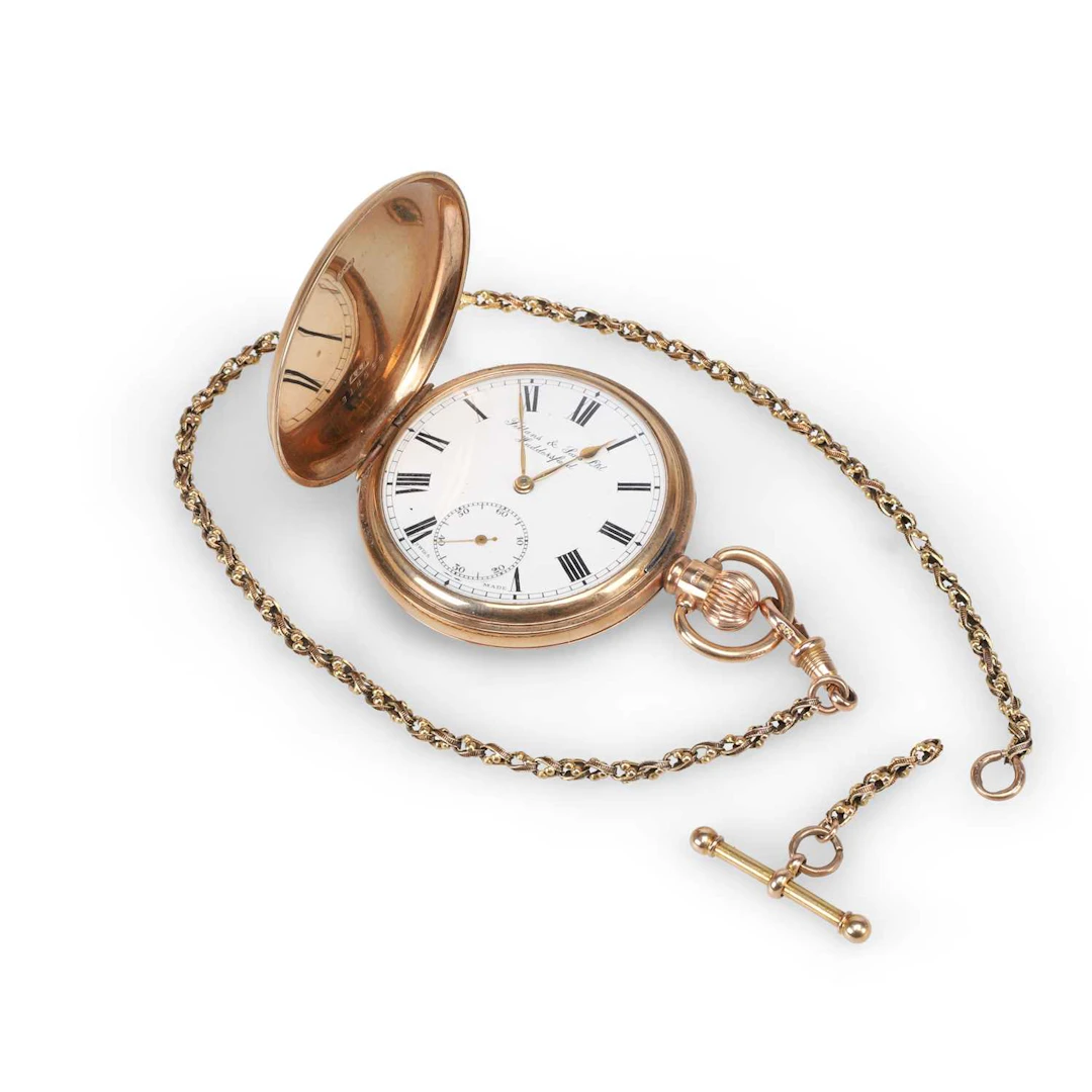 A 9CT GOLD FULL HUNTER POCKET WATCH AND ALBERT CHAIN