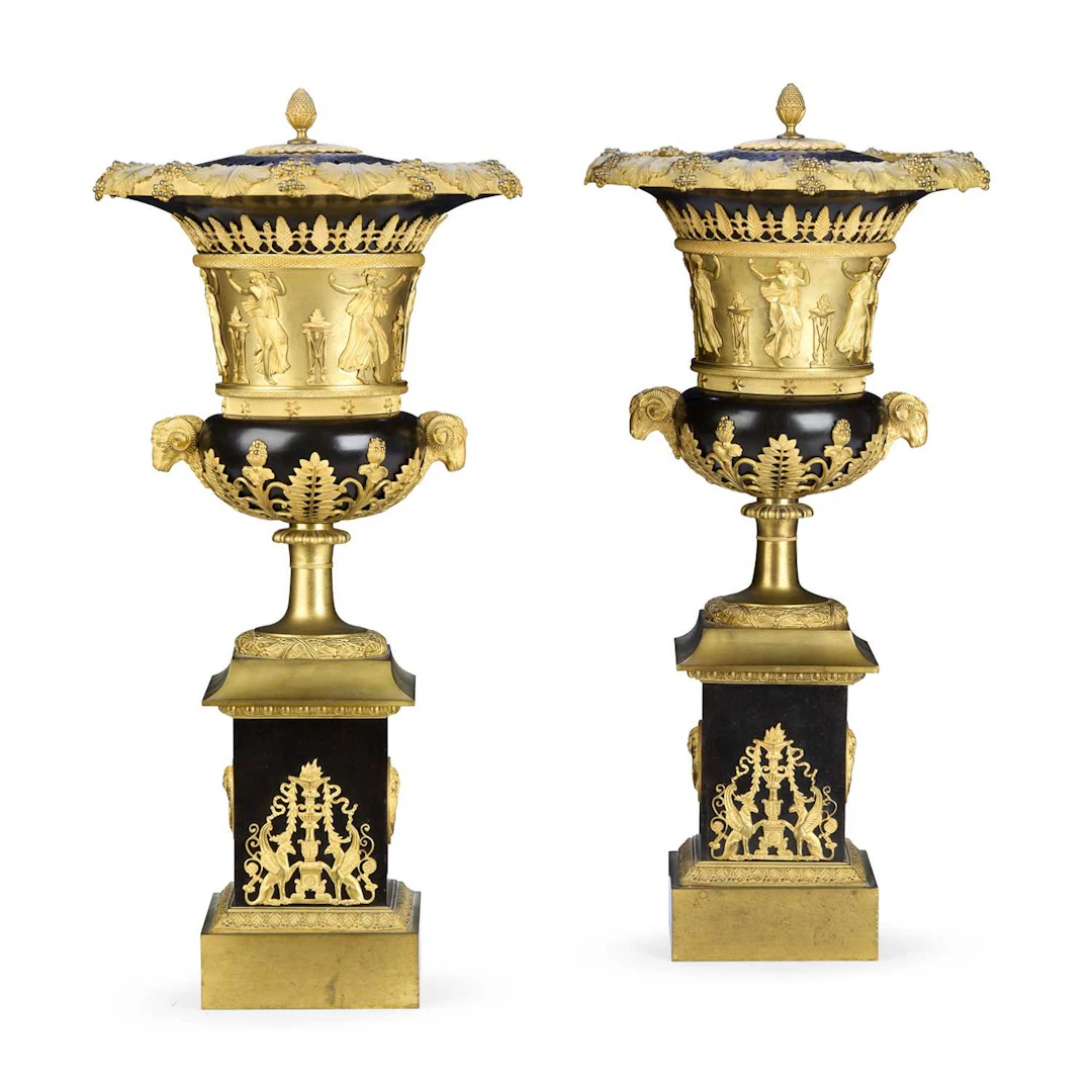A PAIR OF LARGE FRENCH GILT AND PATINATED BRONZE BRULE PARFUMS IN