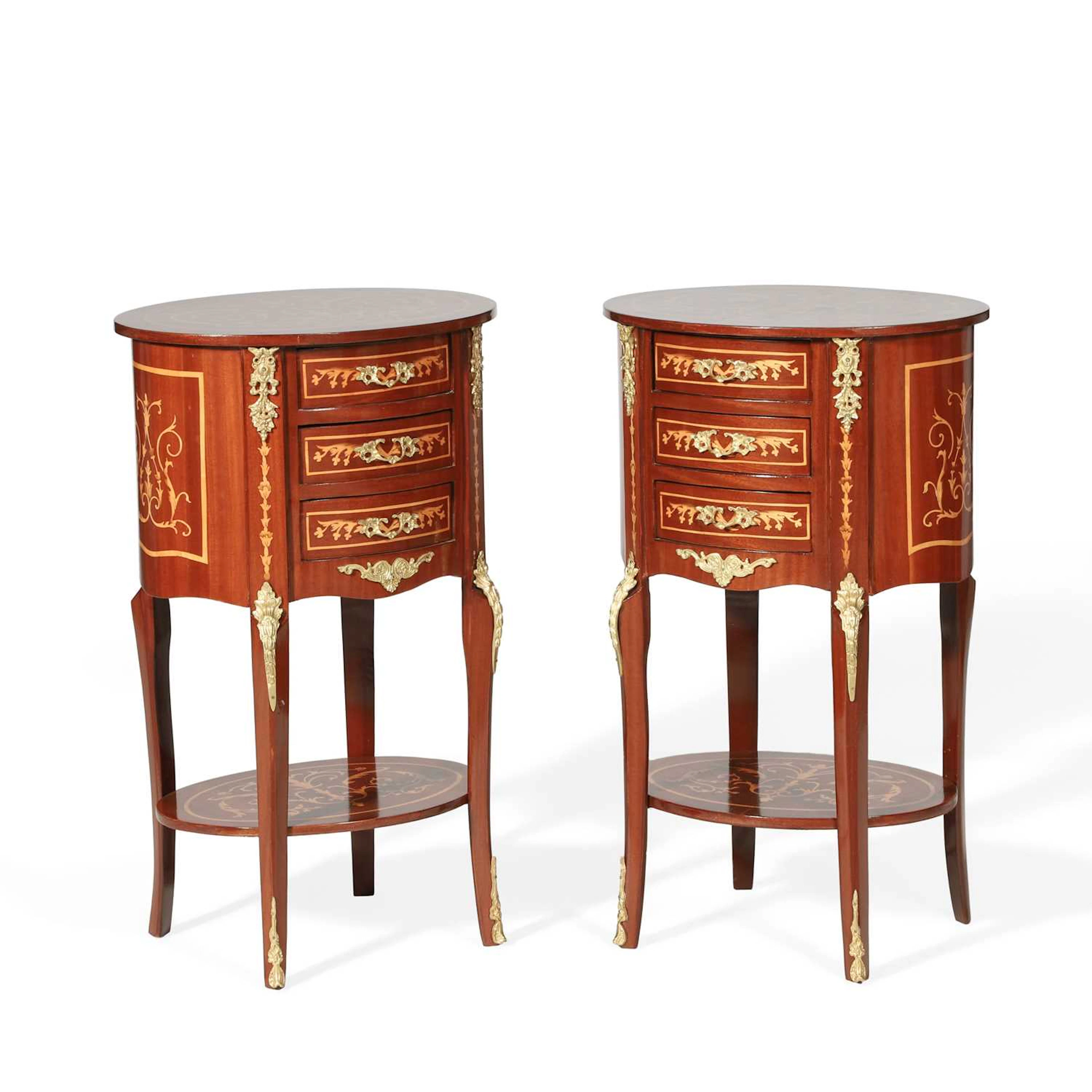 A PAIR OF LOUIS XV STYLE MAHOGANY AND MARQUETRY CHIFFONIERS