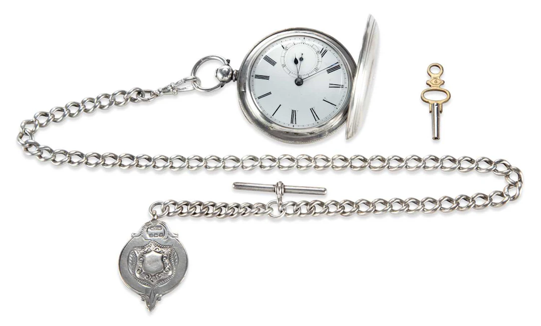 A SILVER FULL HUNTER POCKET WATCH AND ALBERT CHAIN