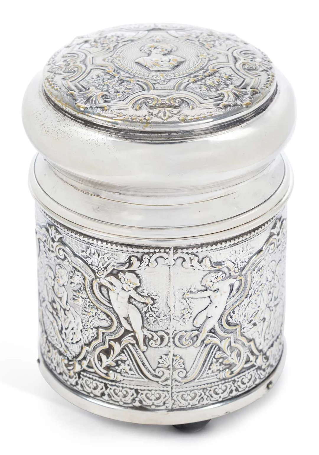 A FRENCH SILVER-PLATED MUSICAL JAR AND COVER