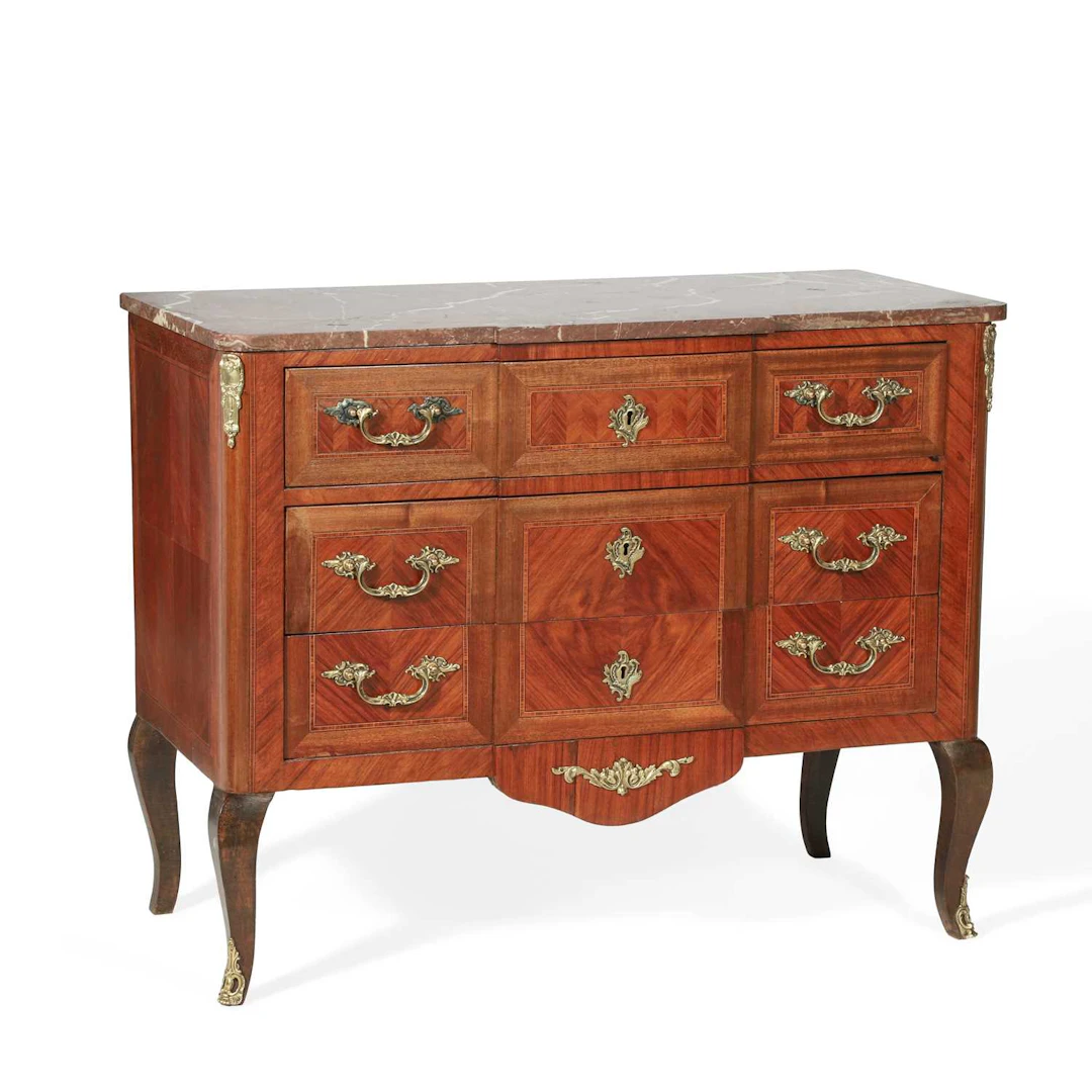 A FRENCH TRANSITIONAL STYLE ACAJOU, KINGWOOD, AND ROUGE GRIOTTE MARBLE