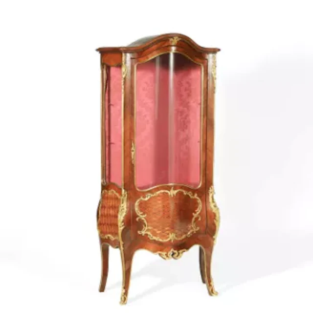 A LOUIS XV STYLE KINGWOOD AND PARQUETRY GILT METAL MOUNTED BOMBÉ VITRINE