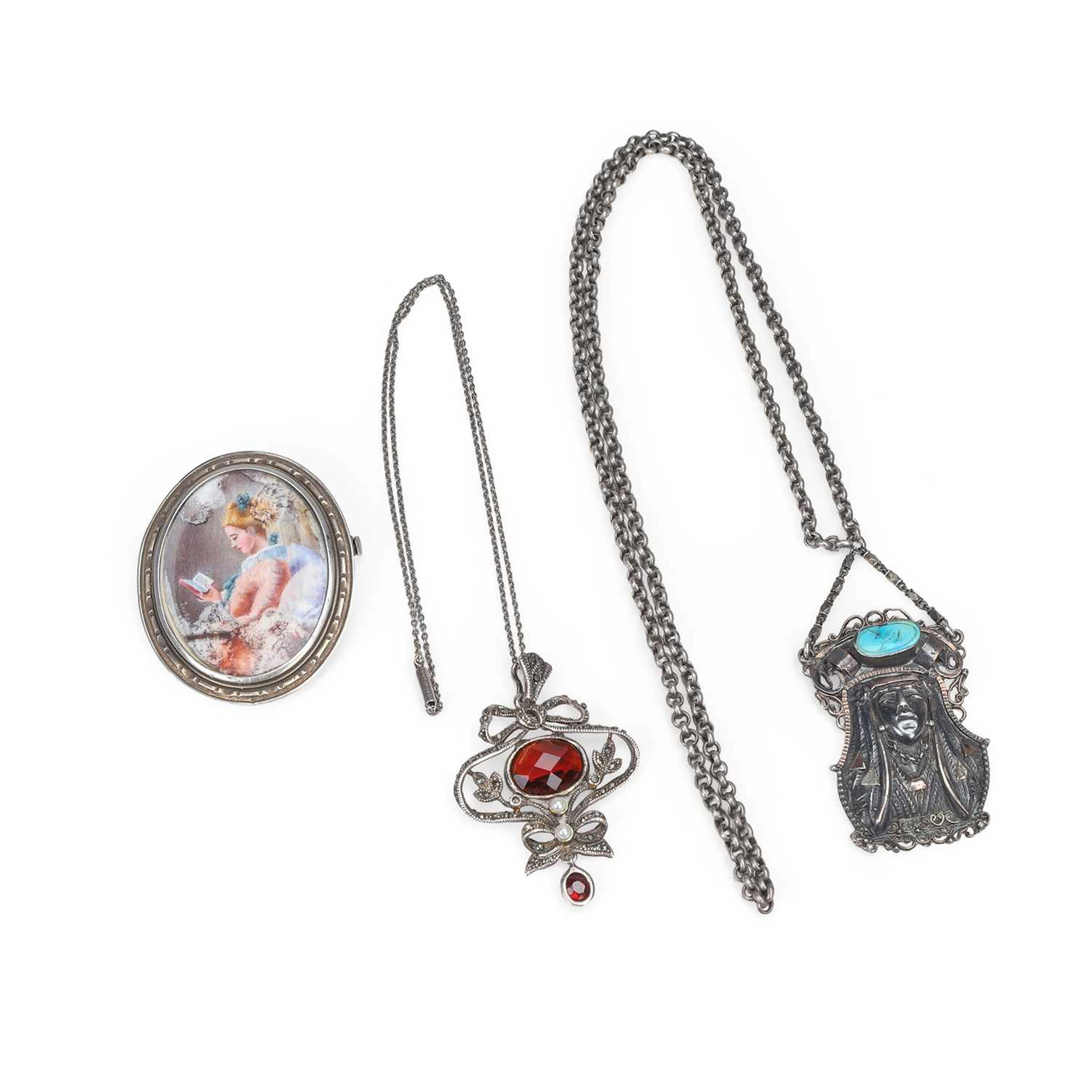 A PAINTED PORTRAIT BROOCH AND TWO PENDANT NECKLACES