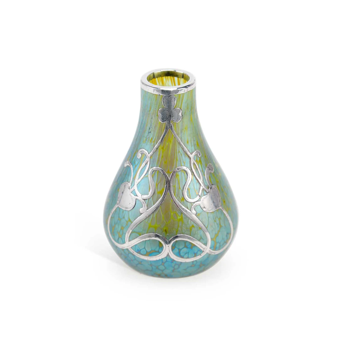 A SECESSIONIST IRIDESCENT GLASS AND SILVER OVERLAY VASE