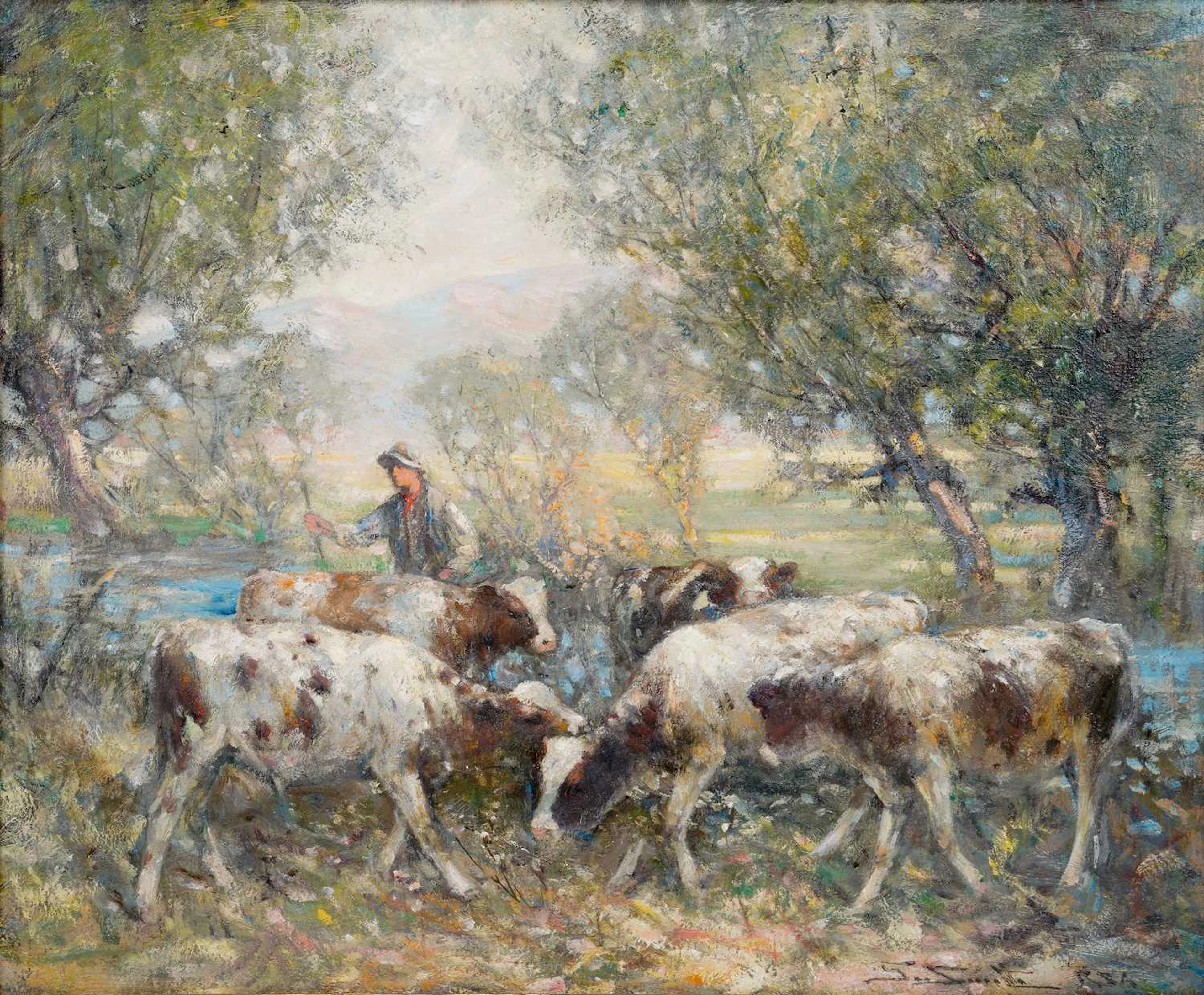 GEORGE SMITH RSA (SCOTTISH 1870-1934) BRINGING IN THE CALVES