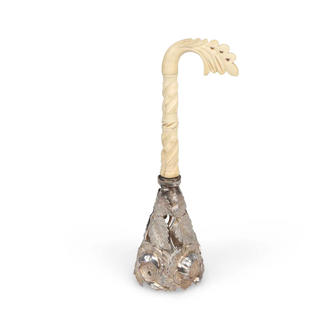 A VICTORIAN SILVER AND CARVED BONE POSY HOLDER