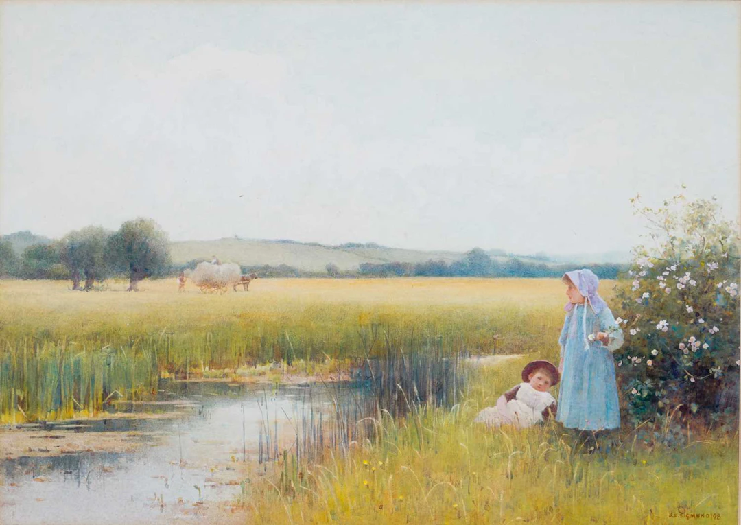 BENJAMIN D SIGMUND (1857-1947) CHILDREN BY A RIVER, HARVEST TIME