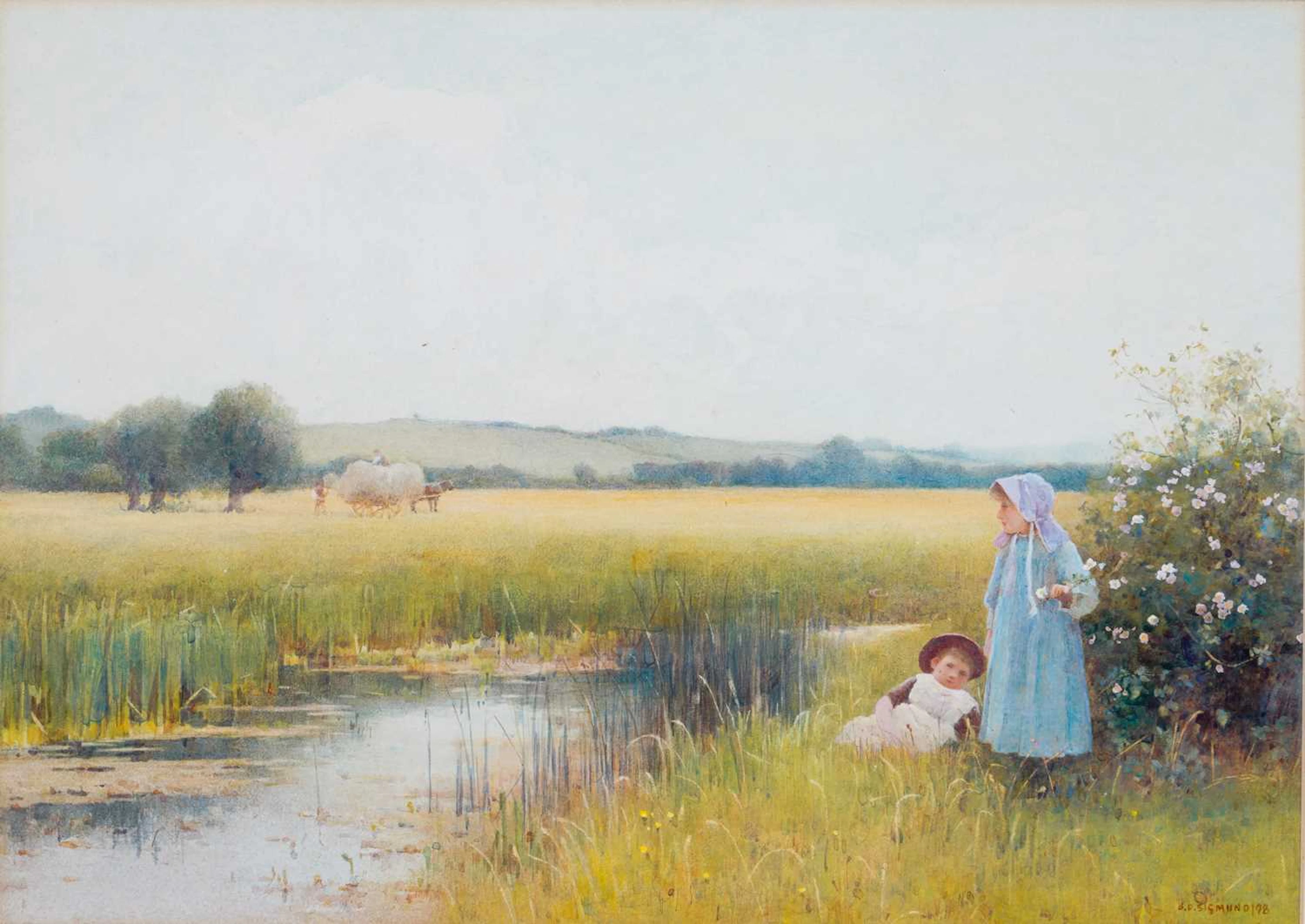 BENJAMIN D SIGMUND (1857-1947) CHILDREN BY A RIVER, HARVEST TIME