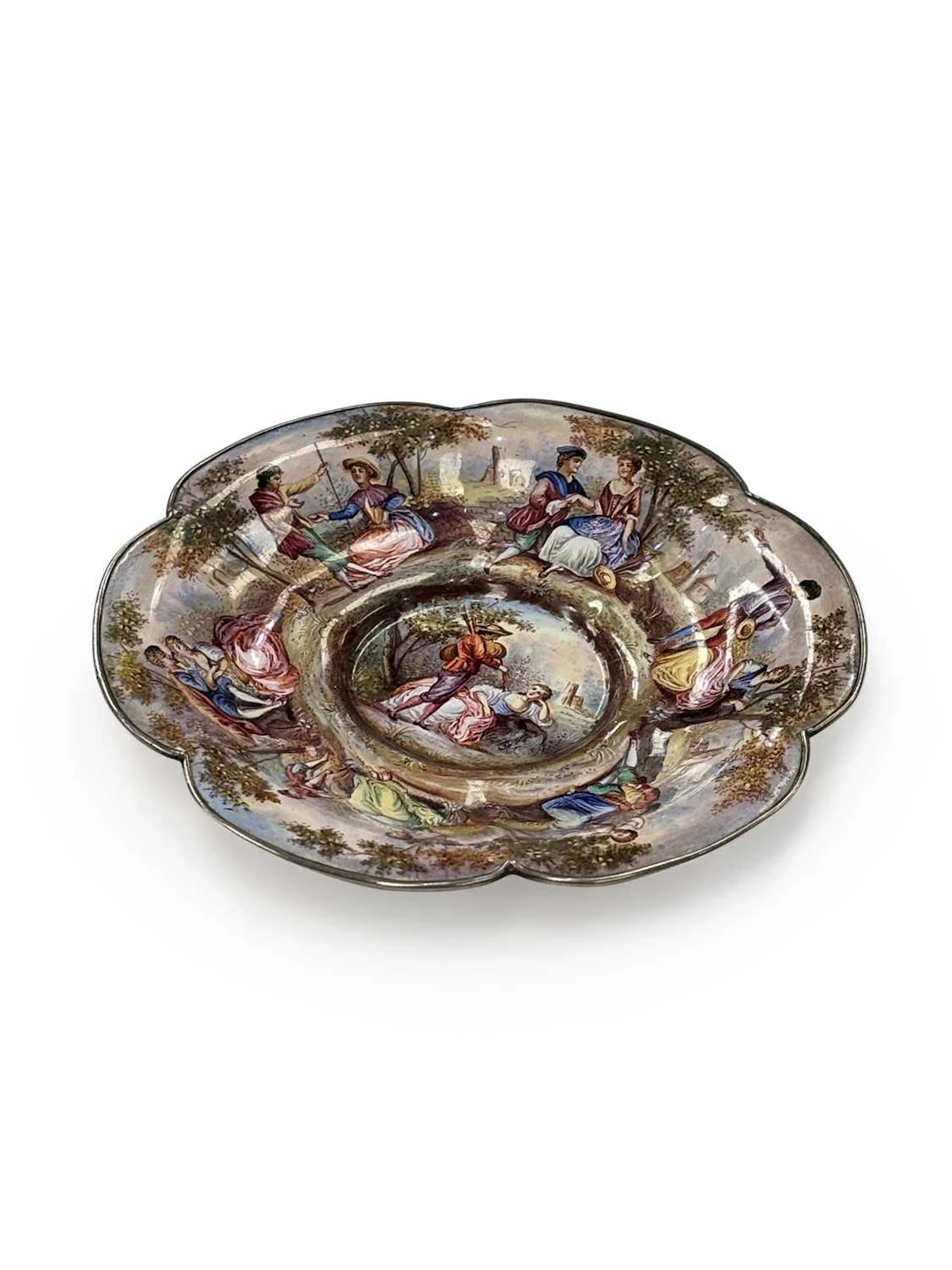 A VIENNESE ENAMEL AND SILVER MOUNTED DISH 19TH CENTURY
