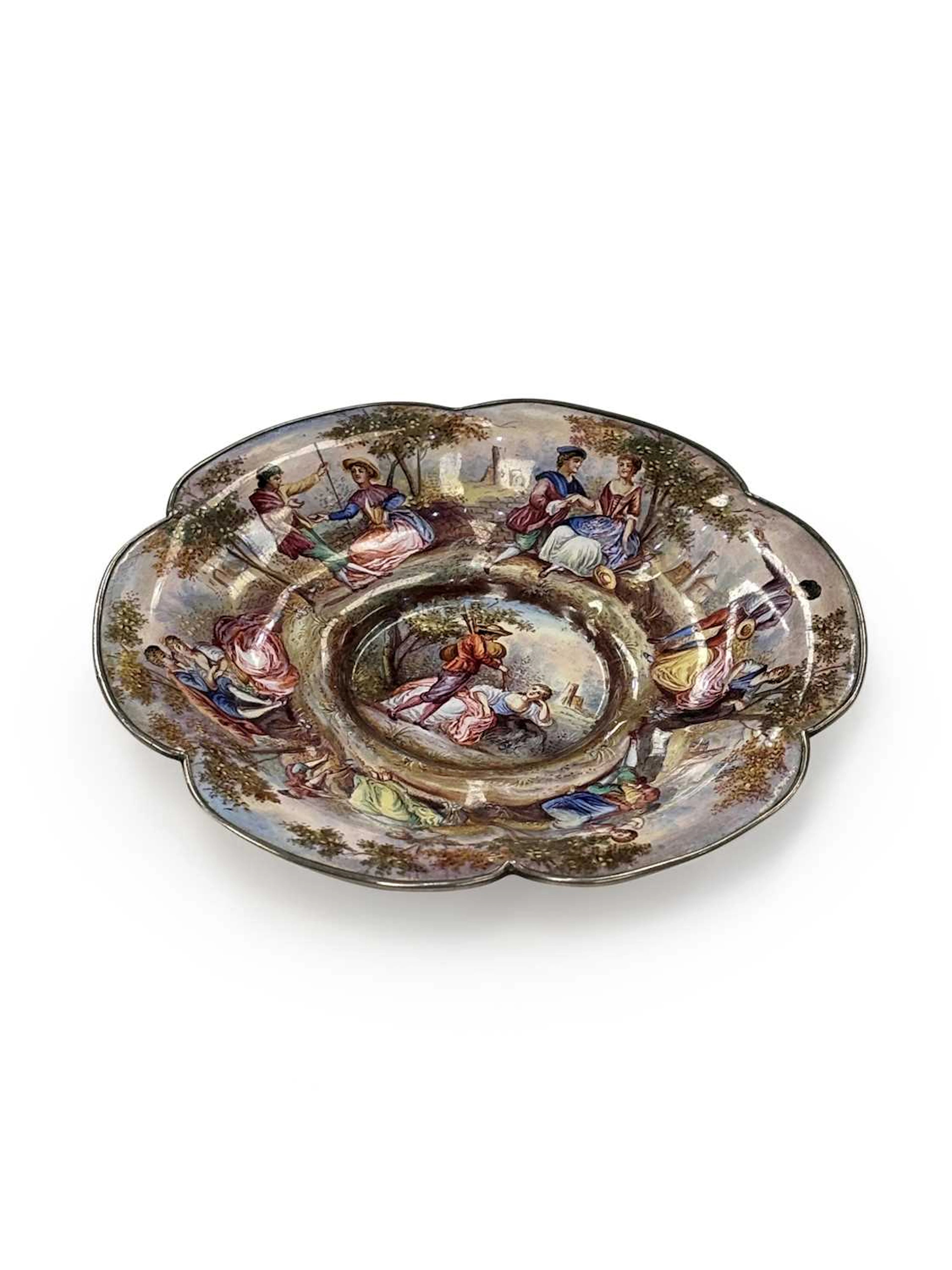 A VIENNESE ENAMEL AND SILVER MOUNTED DISH 19TH CENTURY