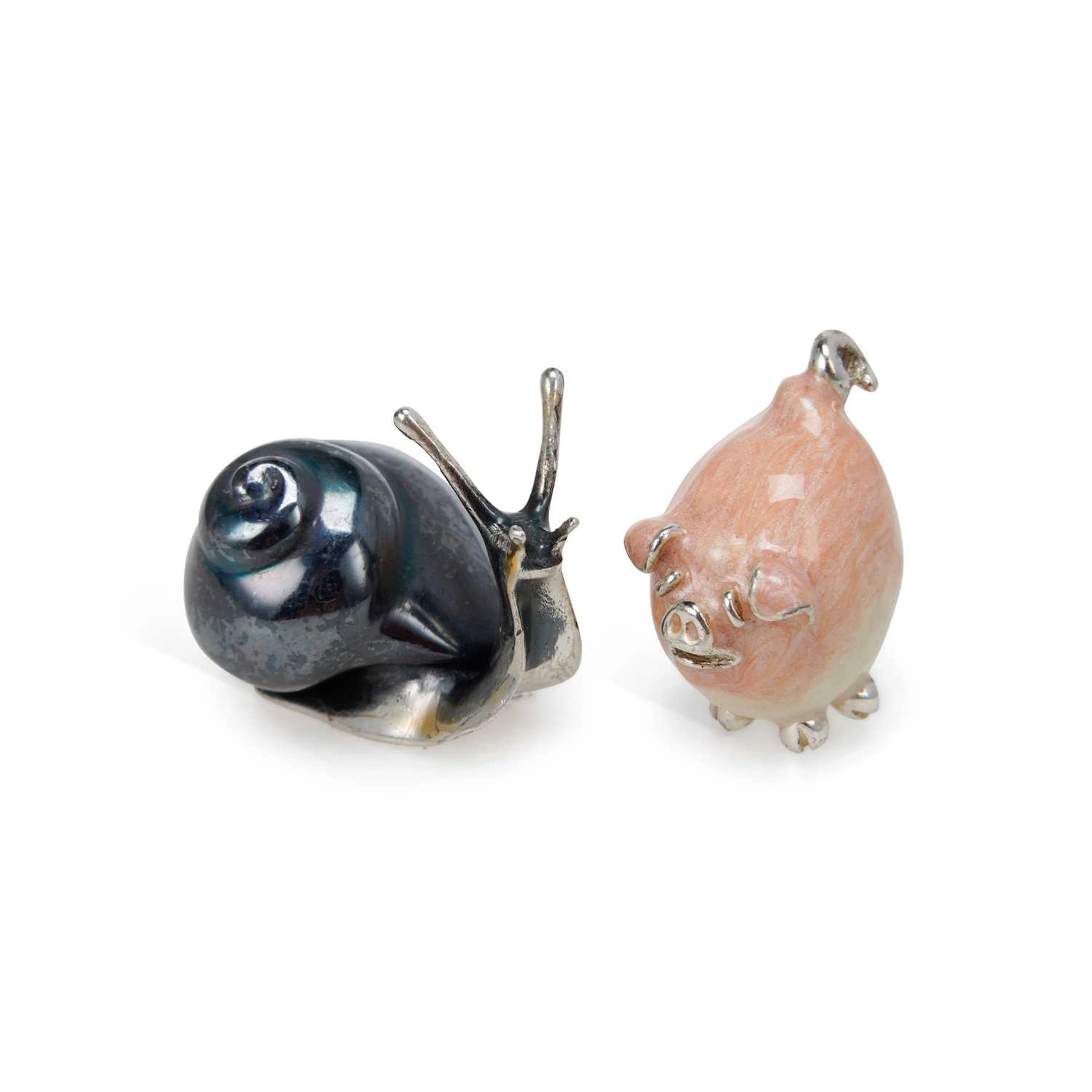 A SILVER AND ENAMEL MODEL OF A SNAIL TOGETHER WITH A SILVER AND ENAMEL