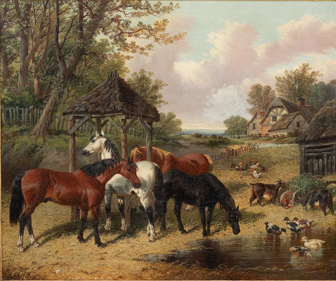 JOHN FREDERICK HERRING JUNIOR (1820-1907) HORSES WATERING WITH DUCKS
