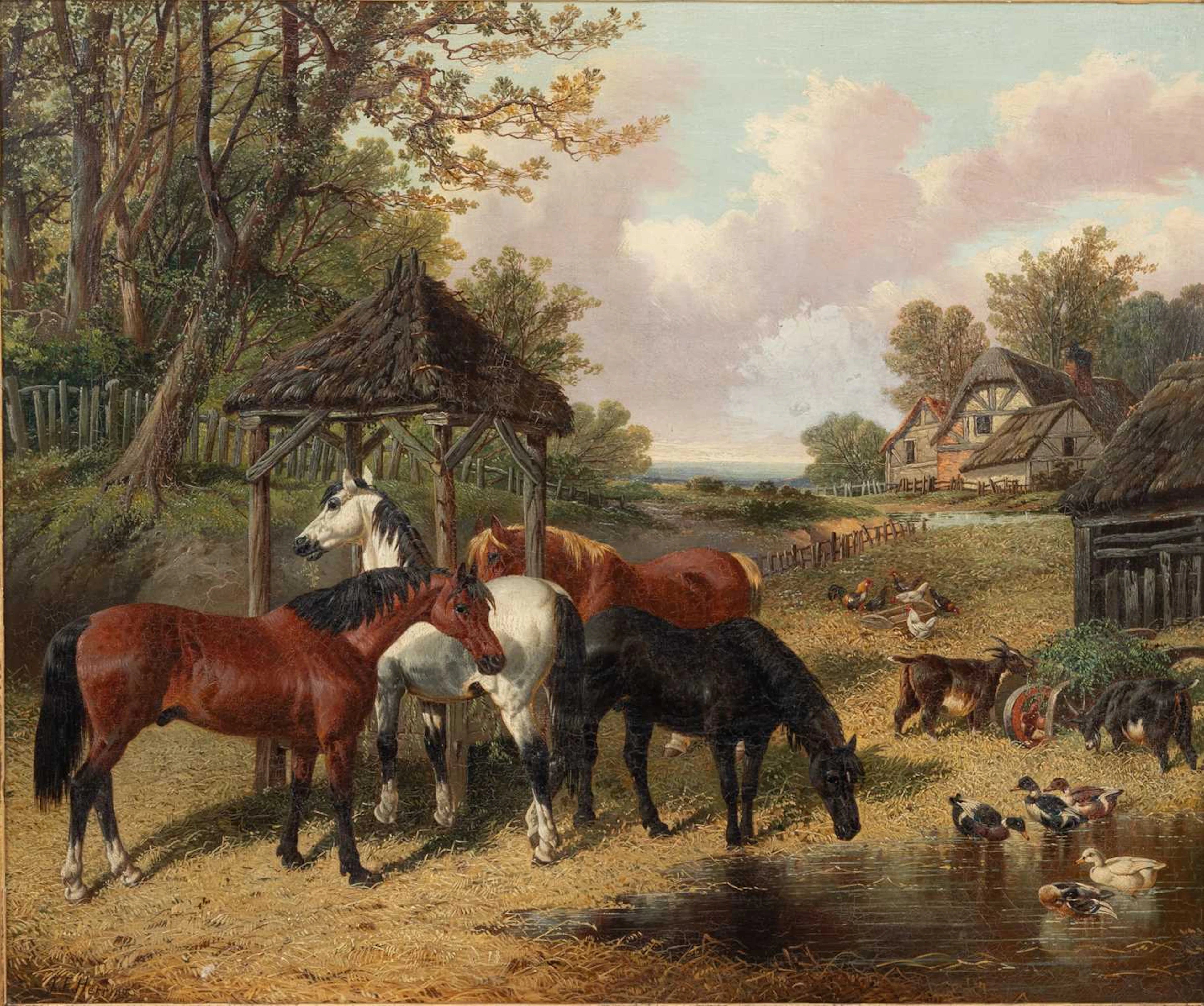 JOHN FREDERICK HERRING JUNIOR (1820-1907) HORSES WATERING WITH DUCKS