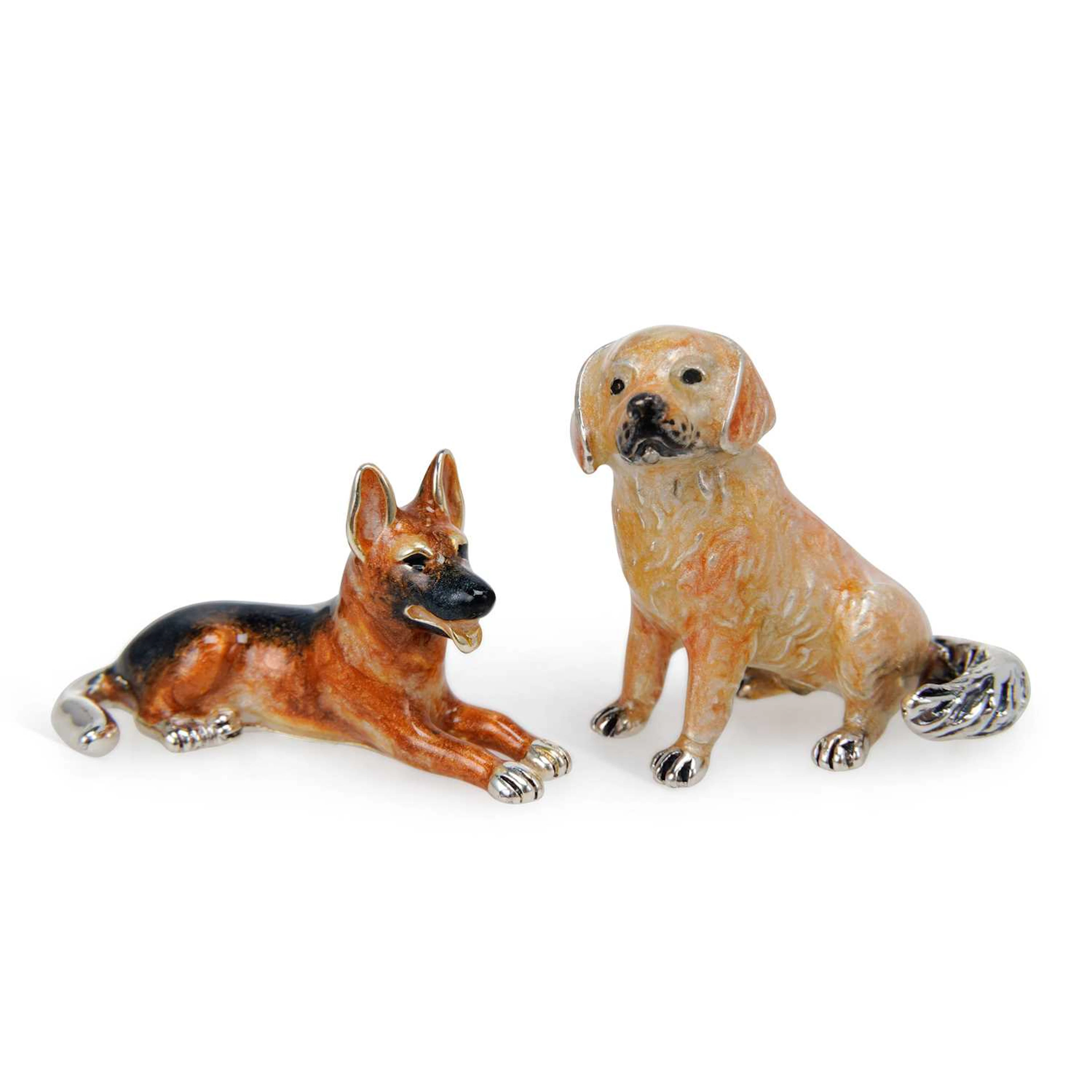TWO SATURNO SILVER AND ENAMEL MODELS OF DOGS