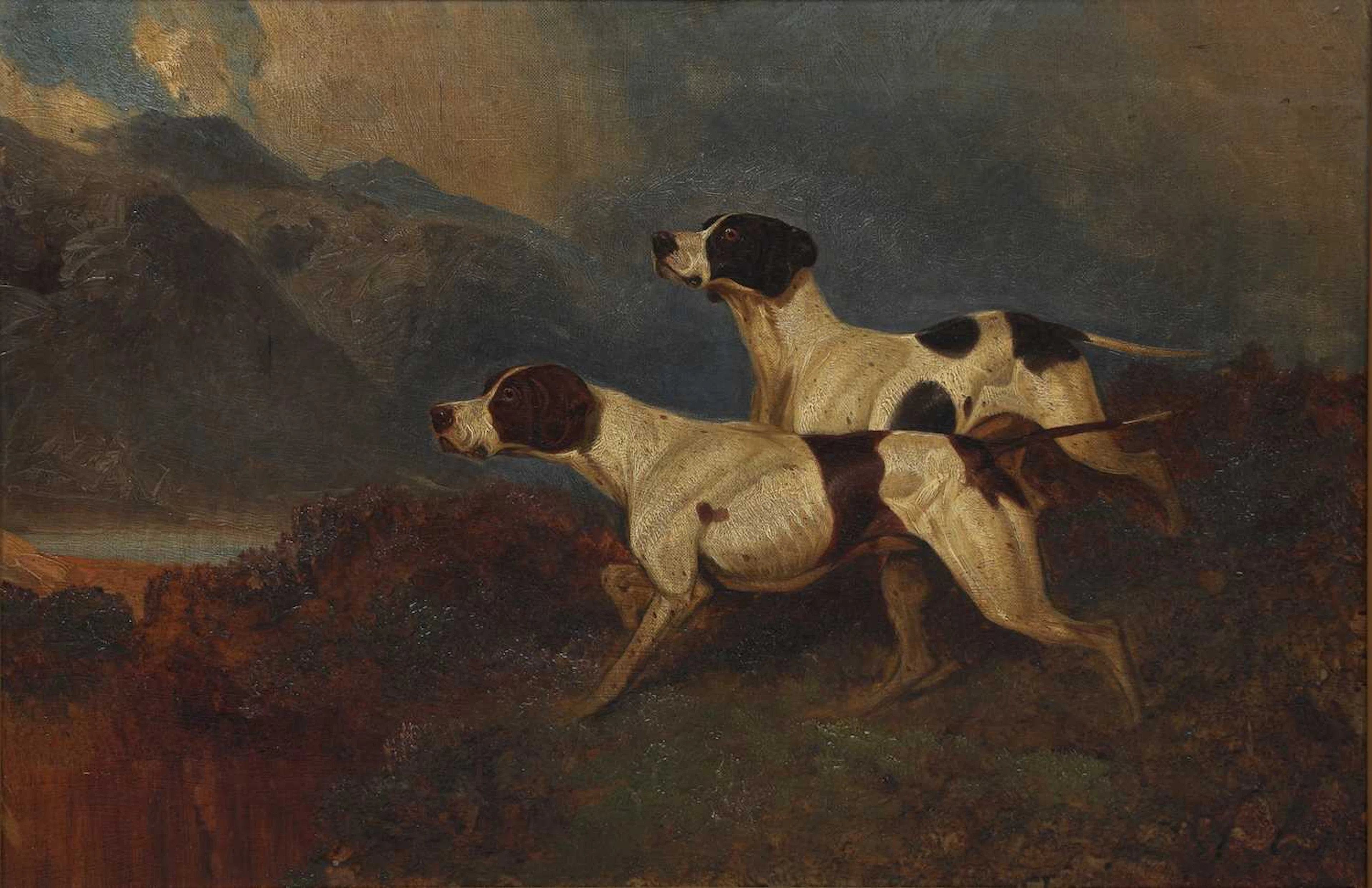 19TH CENTURY ENGLISH SCHOOL TWO POINTERS IN A HIGHLAND LANDSCAPE