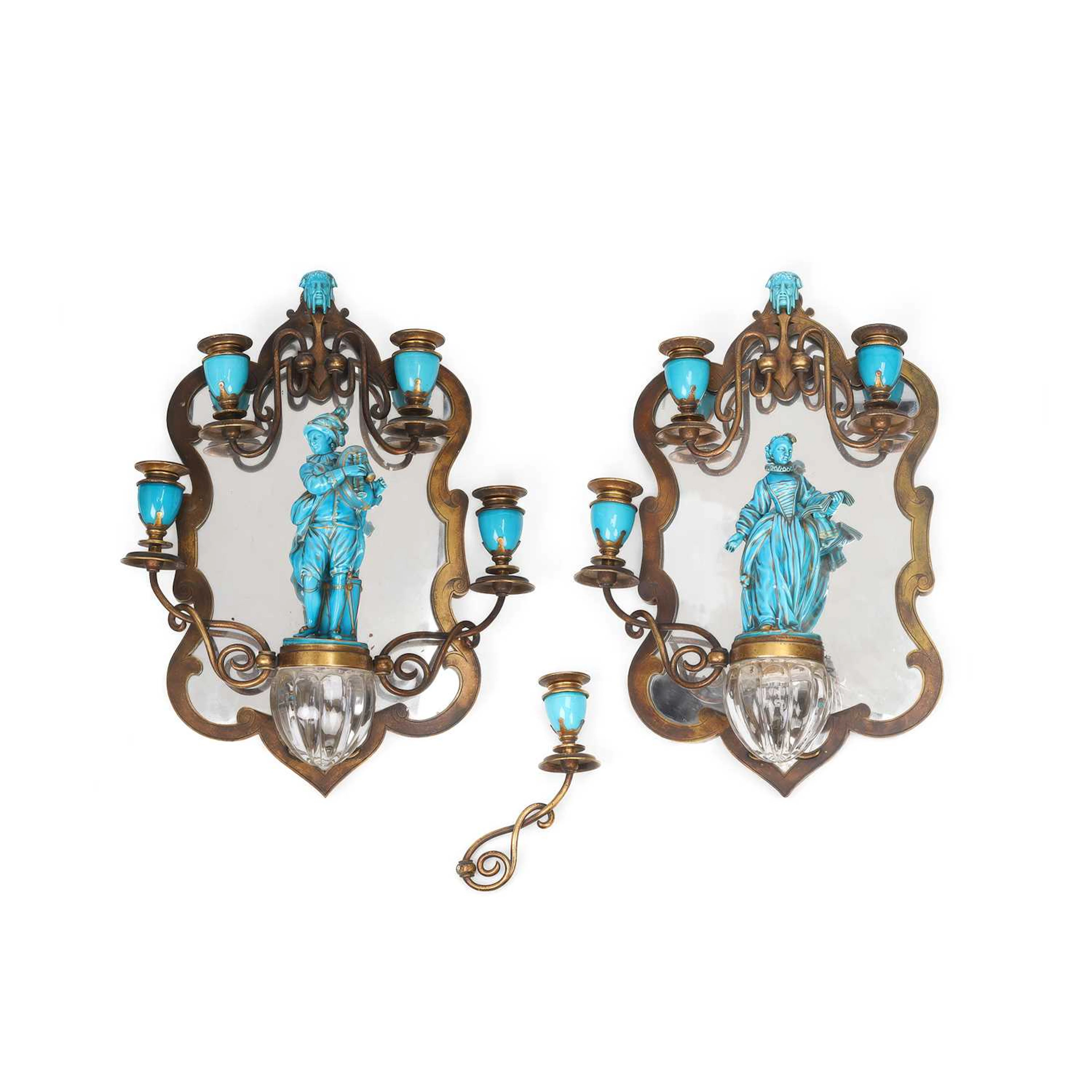 A PAIR OF FRENCH GILT BRASS AND TURQUOISE GLAZED PORCELAIN FOUR-LIGHT