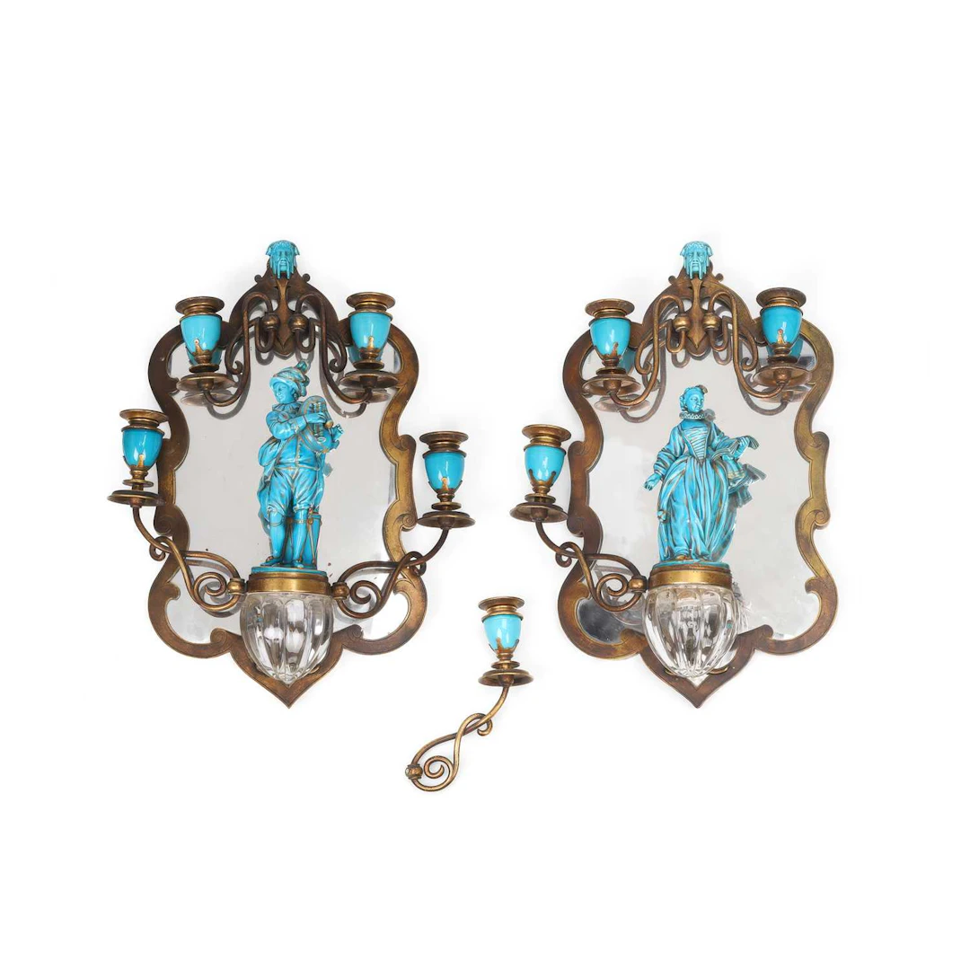 A PAIR OF FRENCH GILT BRASS AND TURQUOISE GLAZED PORCELAIN FOUR-LIGHT