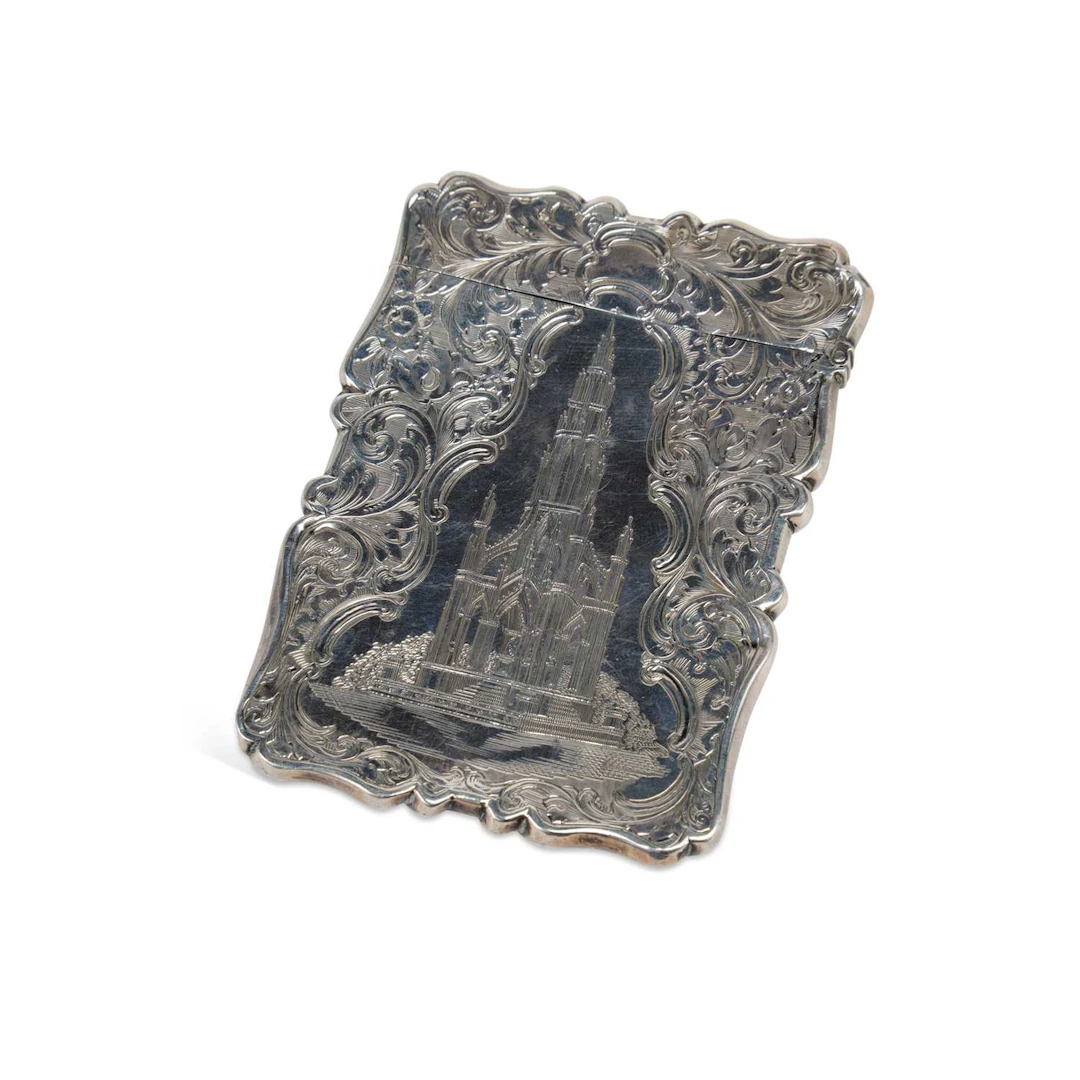 A VICTORIAN SILVER CASTLE-TOP CARD CASE