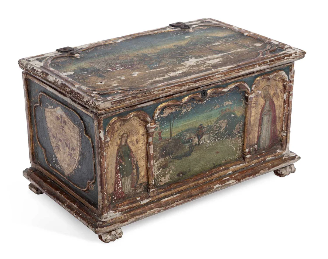 A PAINTED AND PARCEL GILT CASKET IN THE ITALIAN RENAISSANCE TASTE 19TH CENTURY