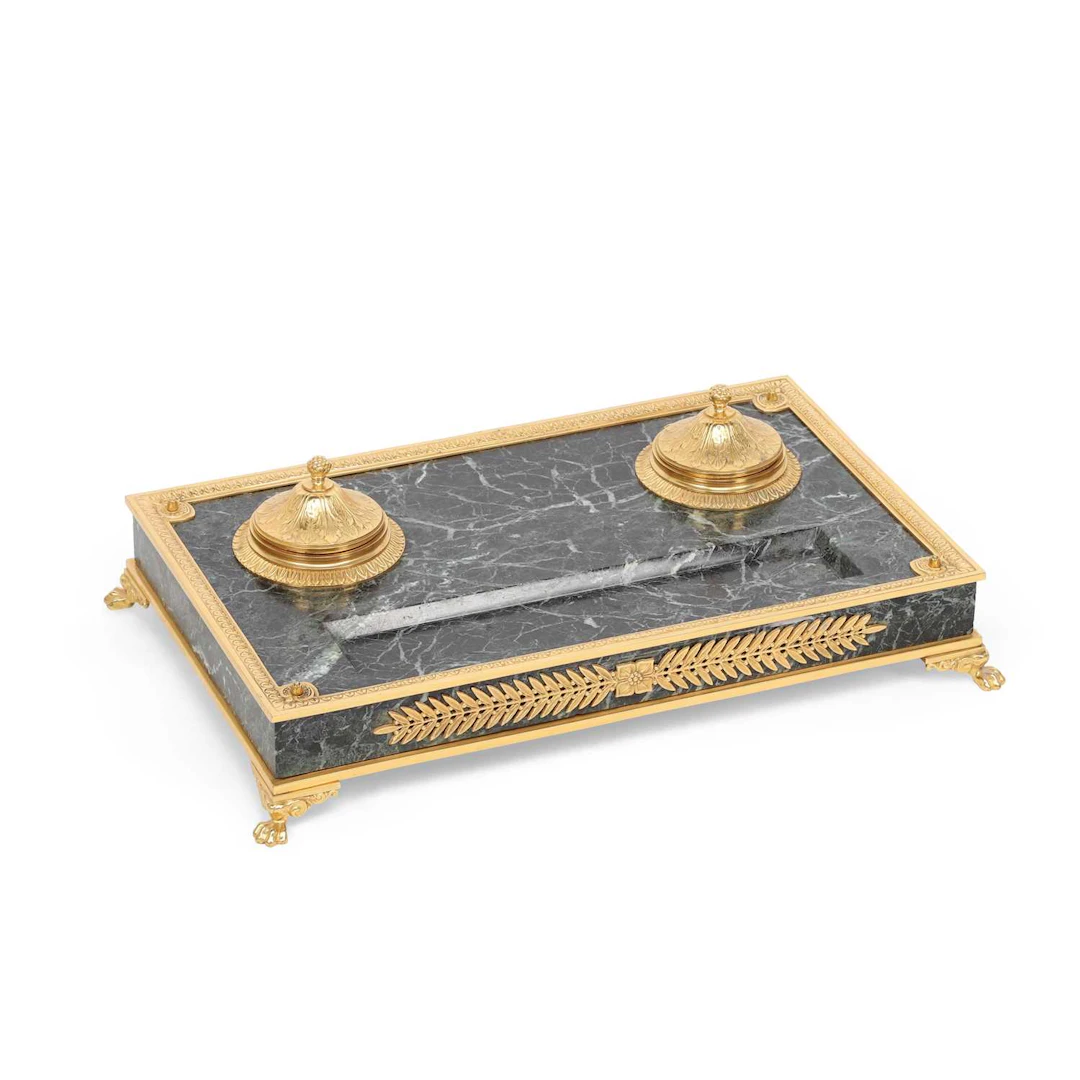 AN EMPIRE STYLE MARBLE AND GILT ORMOLU INKSTAND