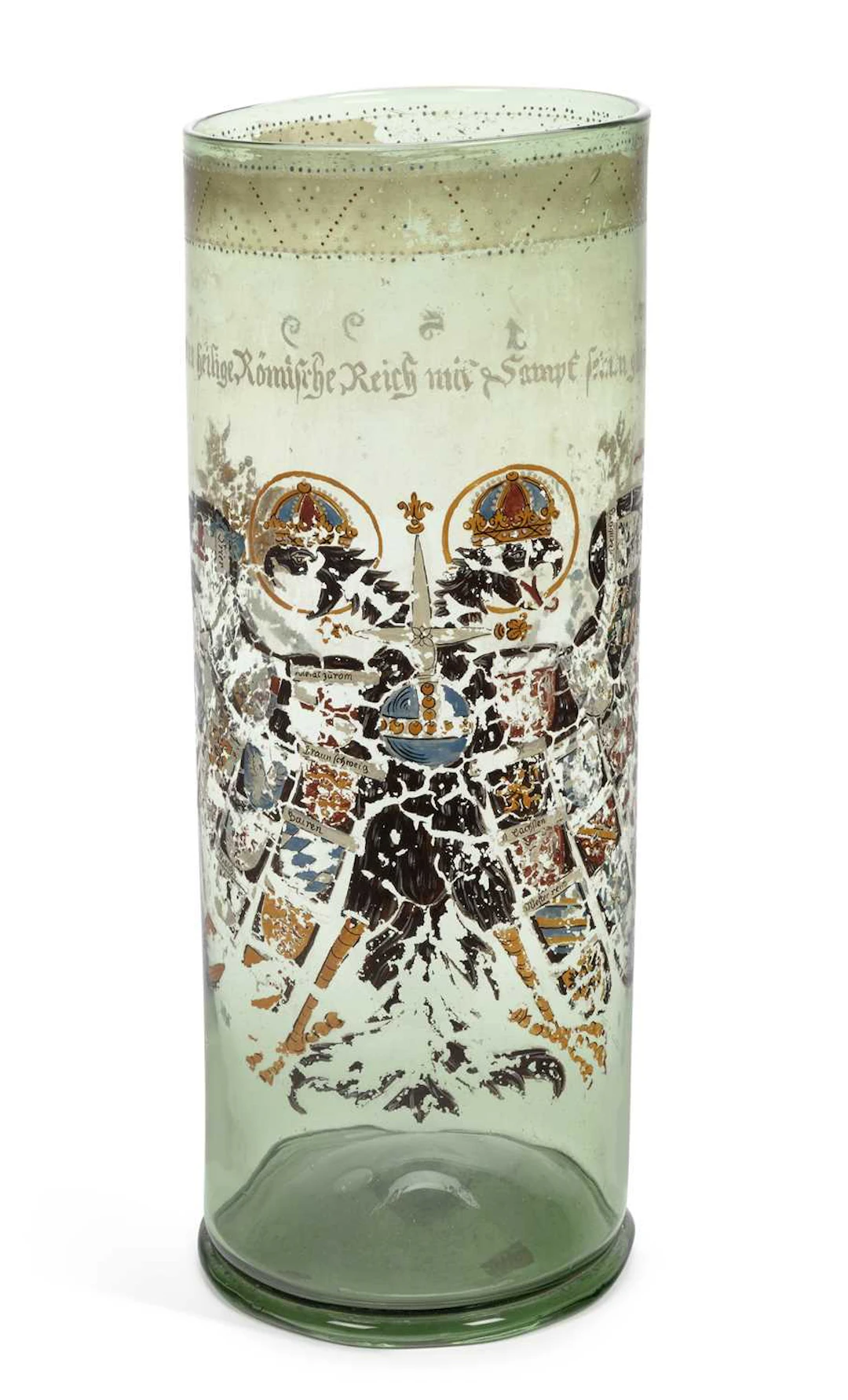 A BOHEMIAN OR FRANCONIAN ENAMELLED REICHSADLERHUMPEN, DATED 1599