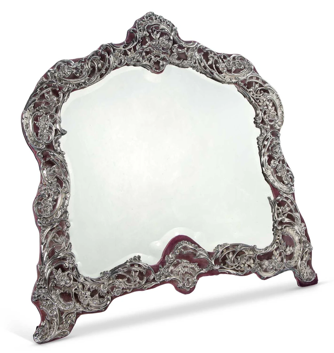 A VERY LARGE EDWARDIAN SILVER-MOUNTED DRESSING TABLE MIRROR