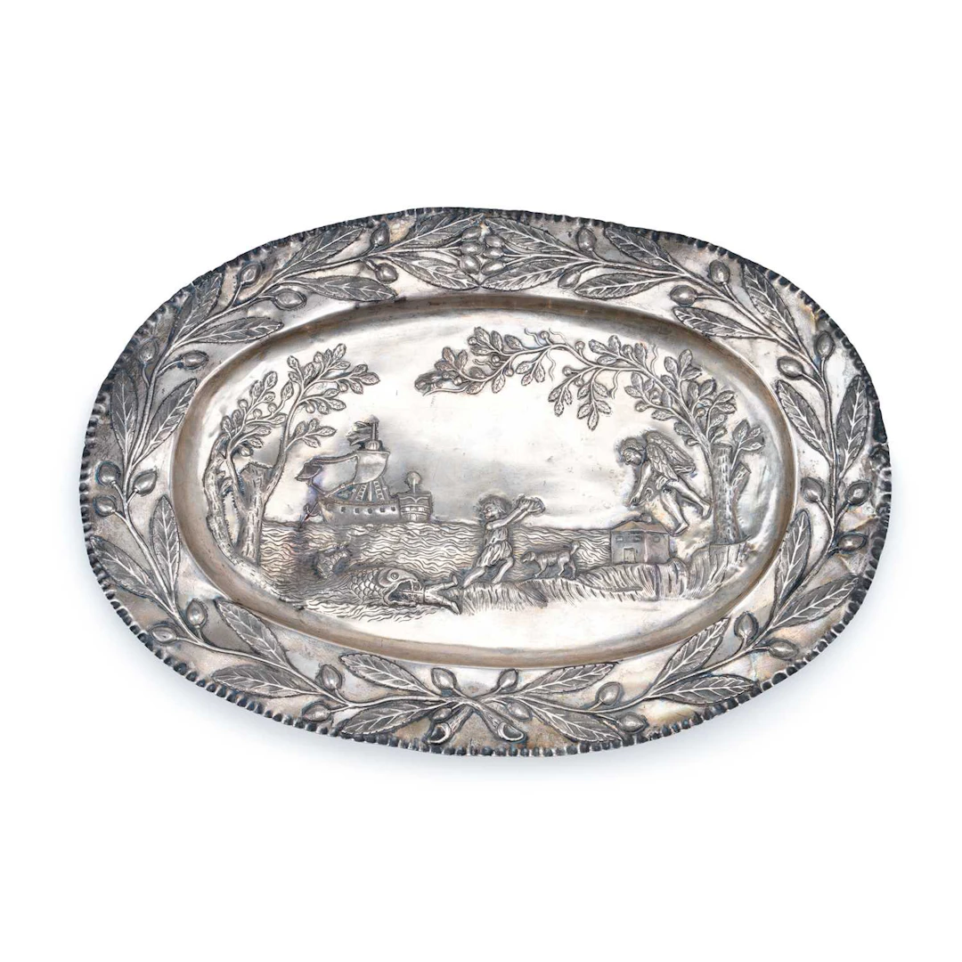 JUDAICA: A GERMAN SILVER 'PIDYON HA-BEN ' SERVING PLATE OR TRAY