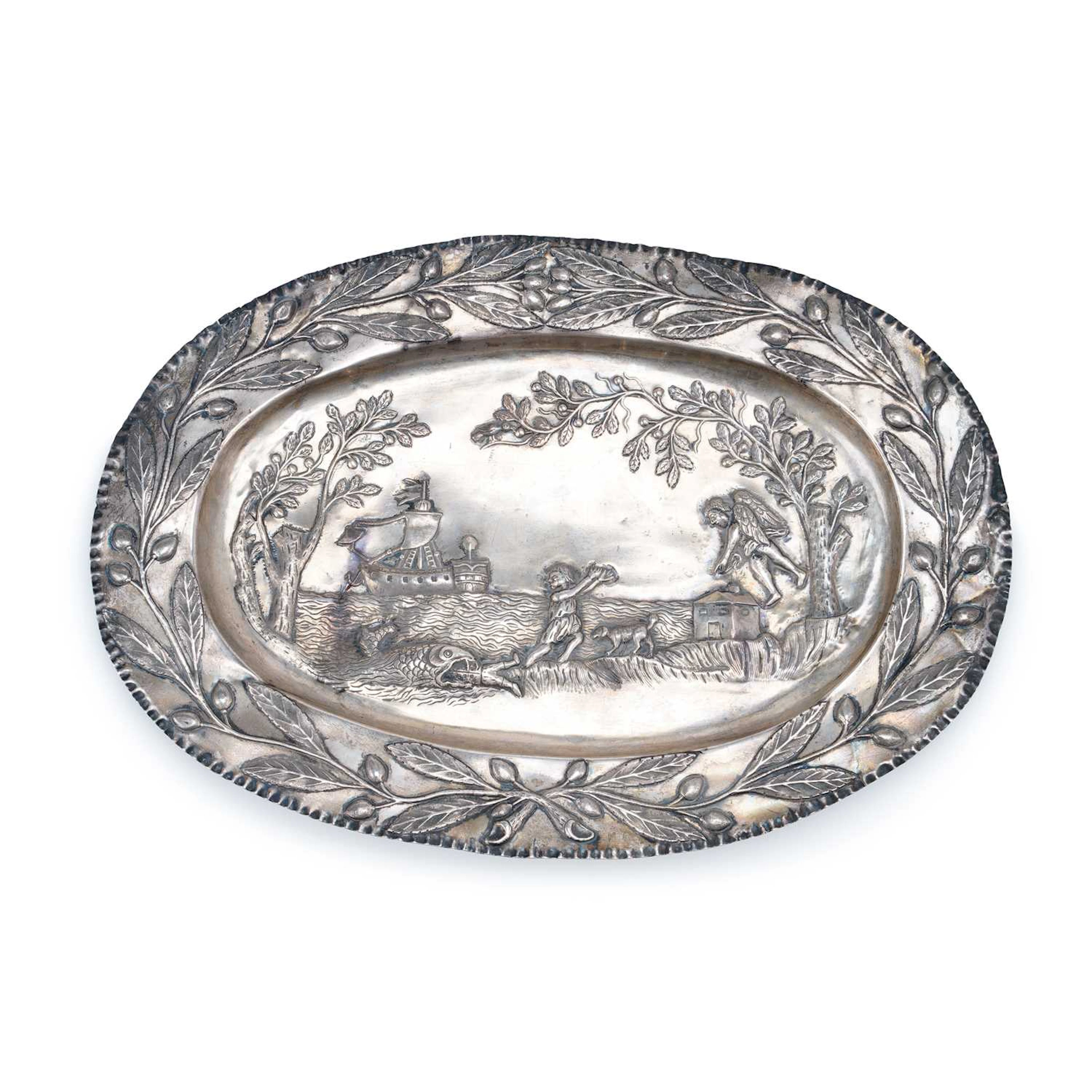 JUDAICA: A GERMAN SILVER 'PIDYON HA-BEN ' SERVING PLATE OR TRAY