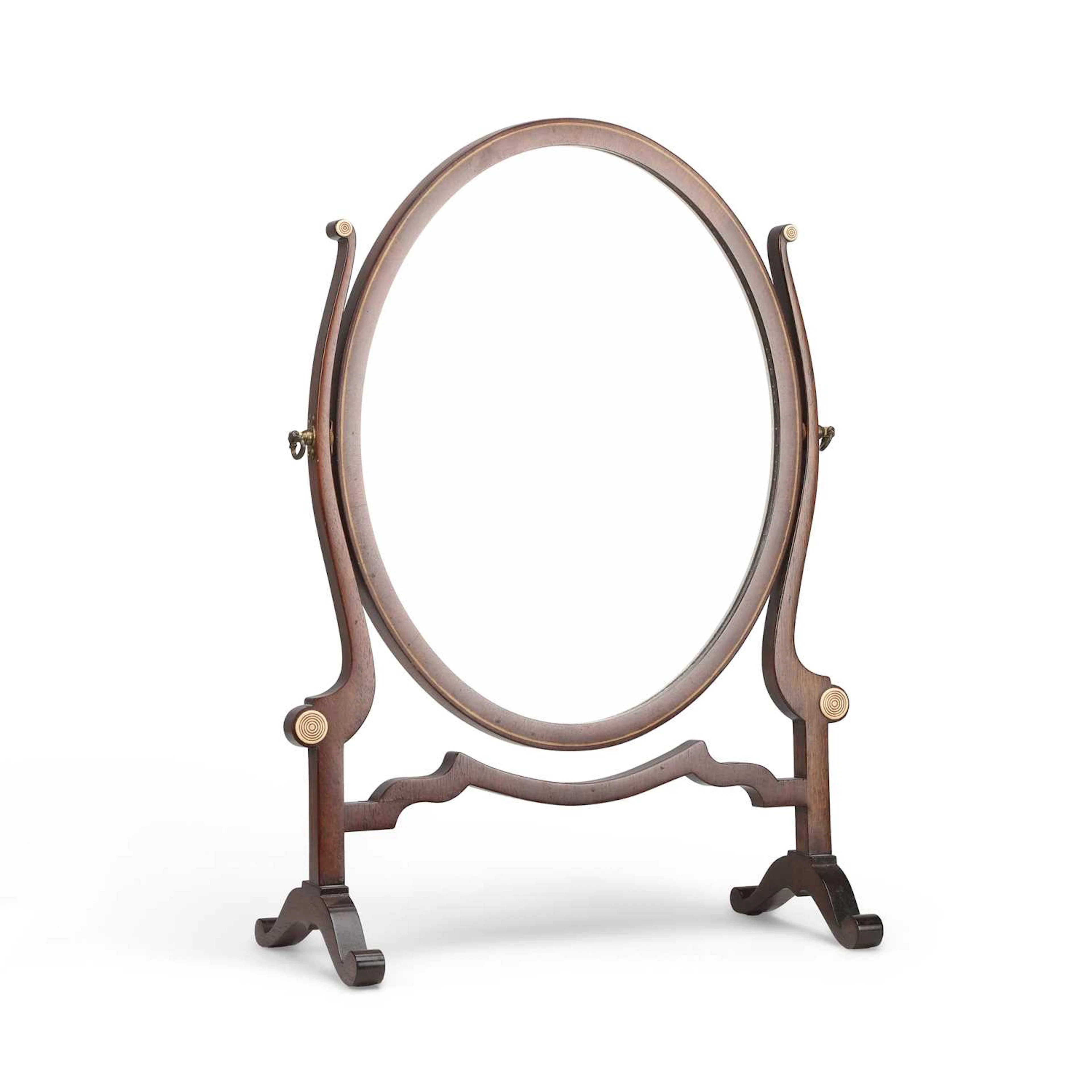 AN EDWARDIAN INLAID MAHOGANY TOILET MIRROR