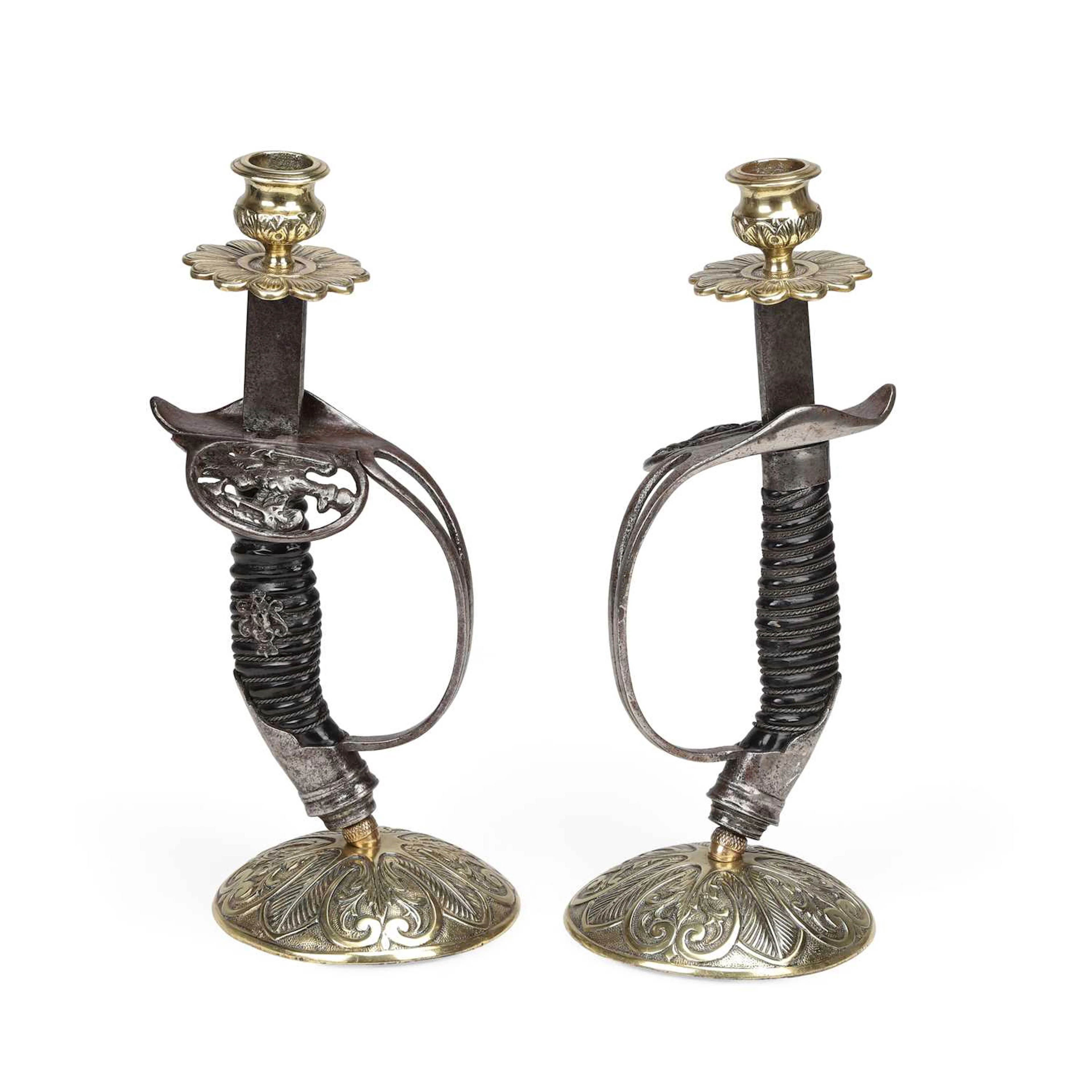 A PAIR OF IMPERIAL GERMAN SWORD-HILT CANDLESTICKS LATE 19TH/ EARLY 20TH CENTURY