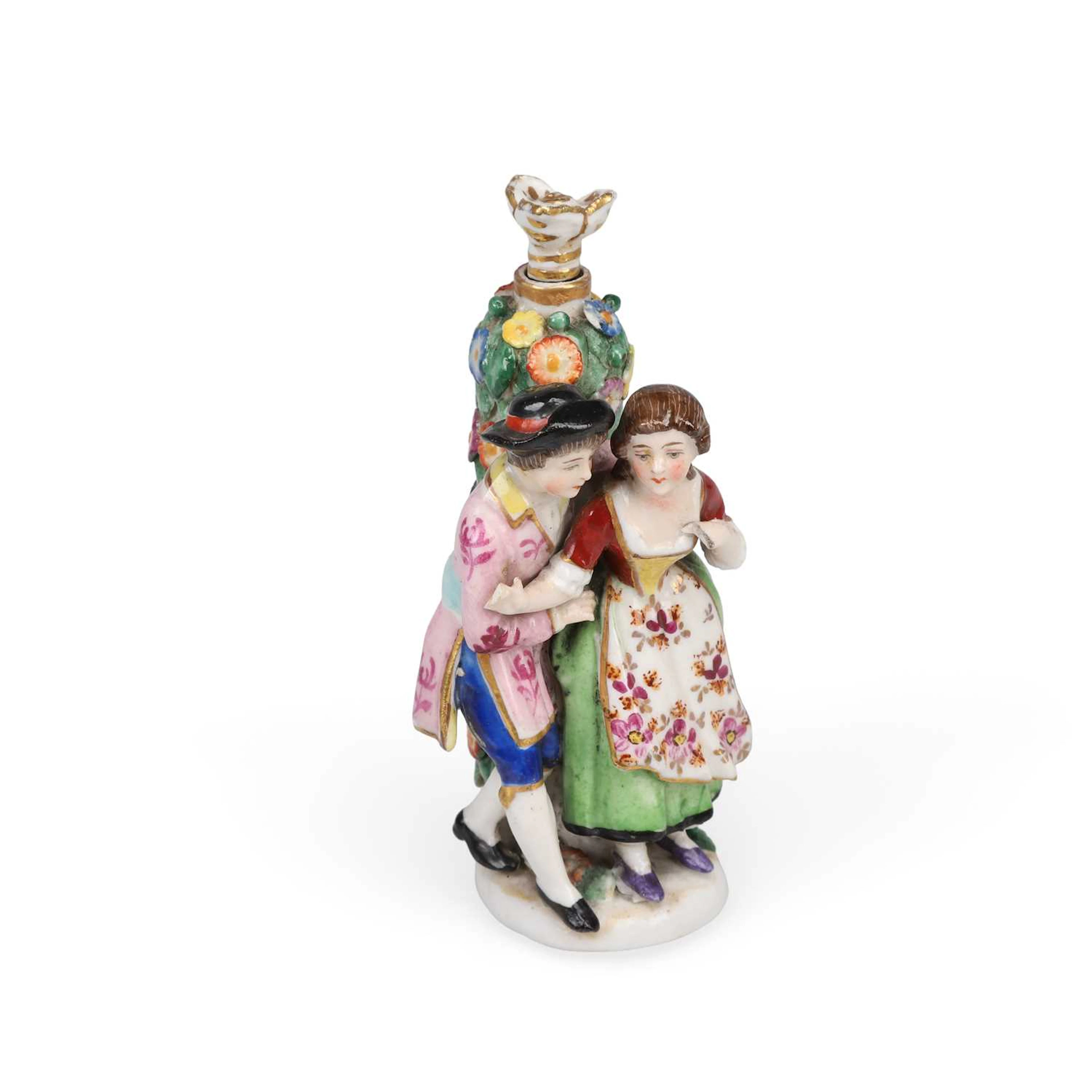 A CONTINENTAL PORCELAIN SCENT BOTTLE MODELLED AS A GALLANT AND HIS COMPANION