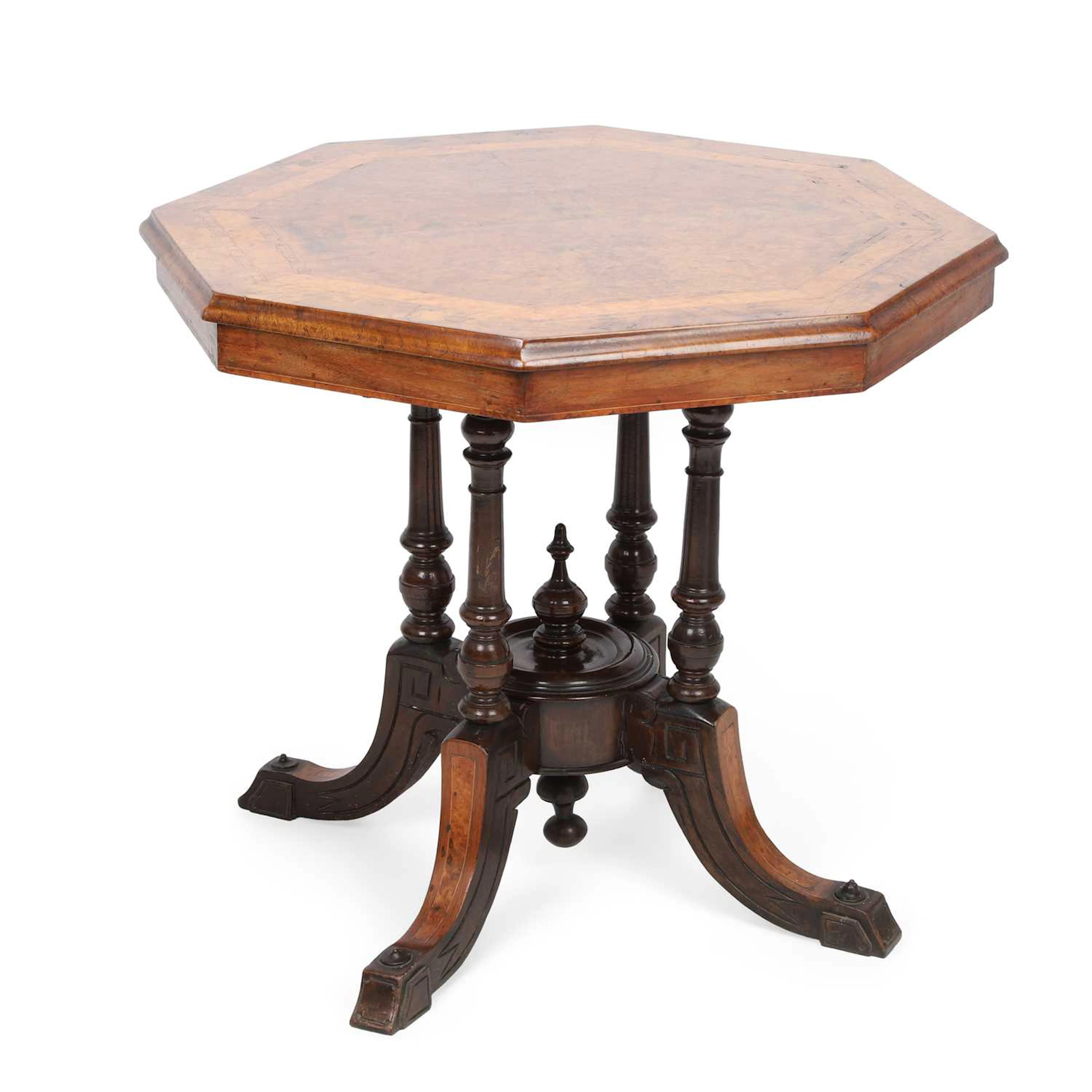 A VICTORIAN INLAID BURR WALNUT OCTAGONAL OCCASIONAL TABLE