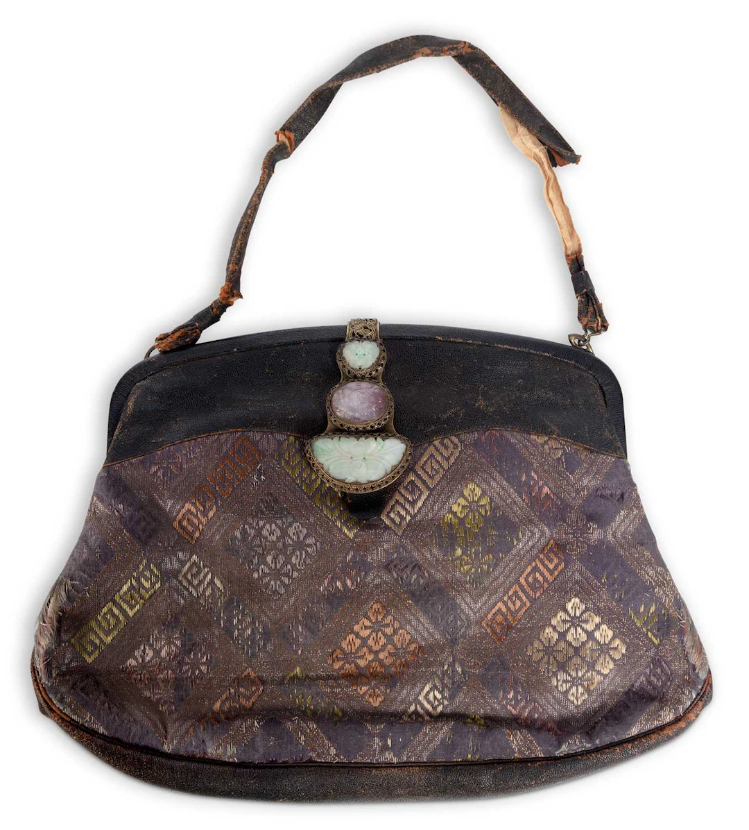 A JADE MOUNTED BROCADE AND LEATHER HANDBAG EARLY 20TH CENTURY