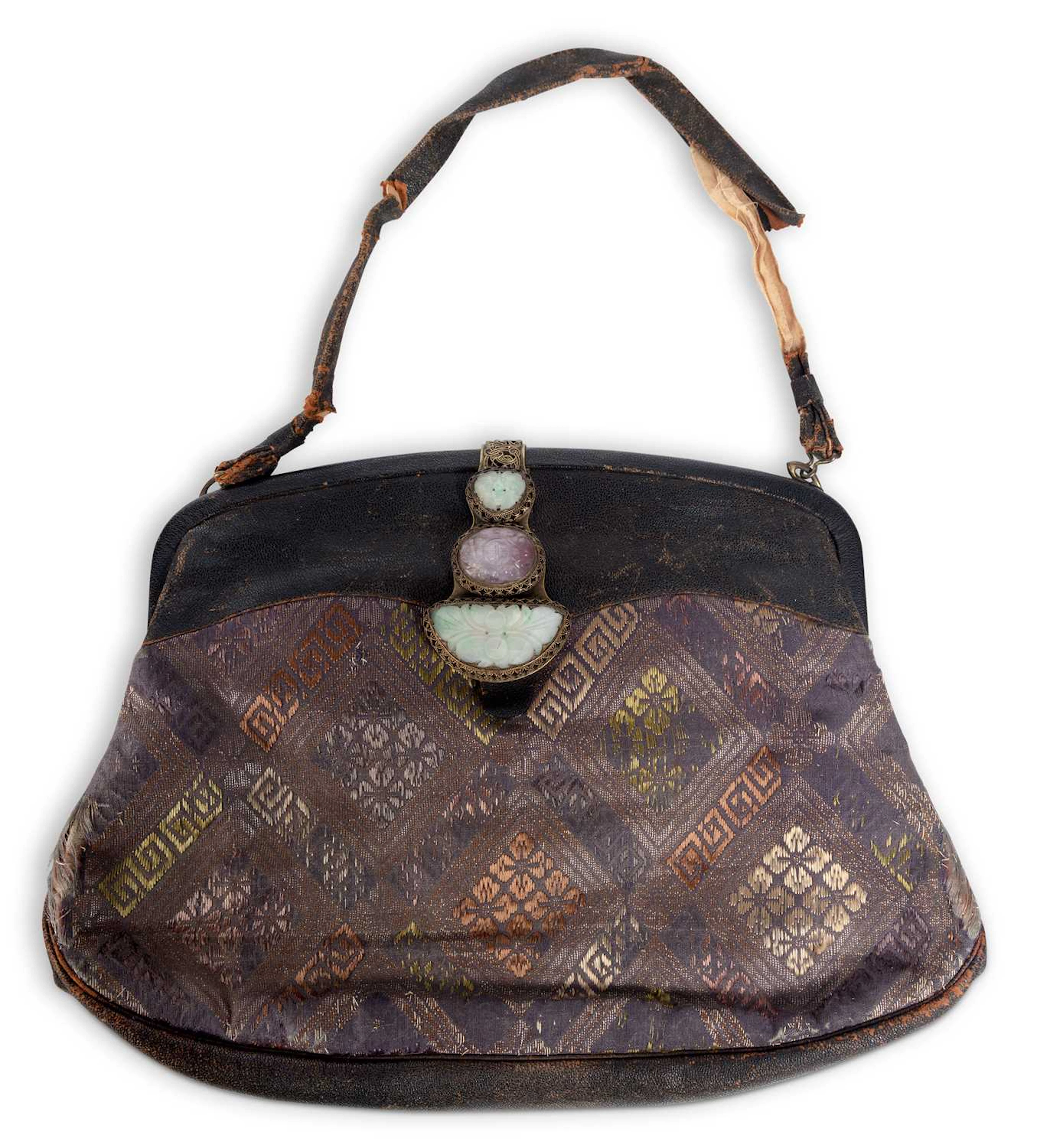 A JADE MOUNTED BROCADE AND LEATHER HANDBAG EARLY 20TH CENTURY