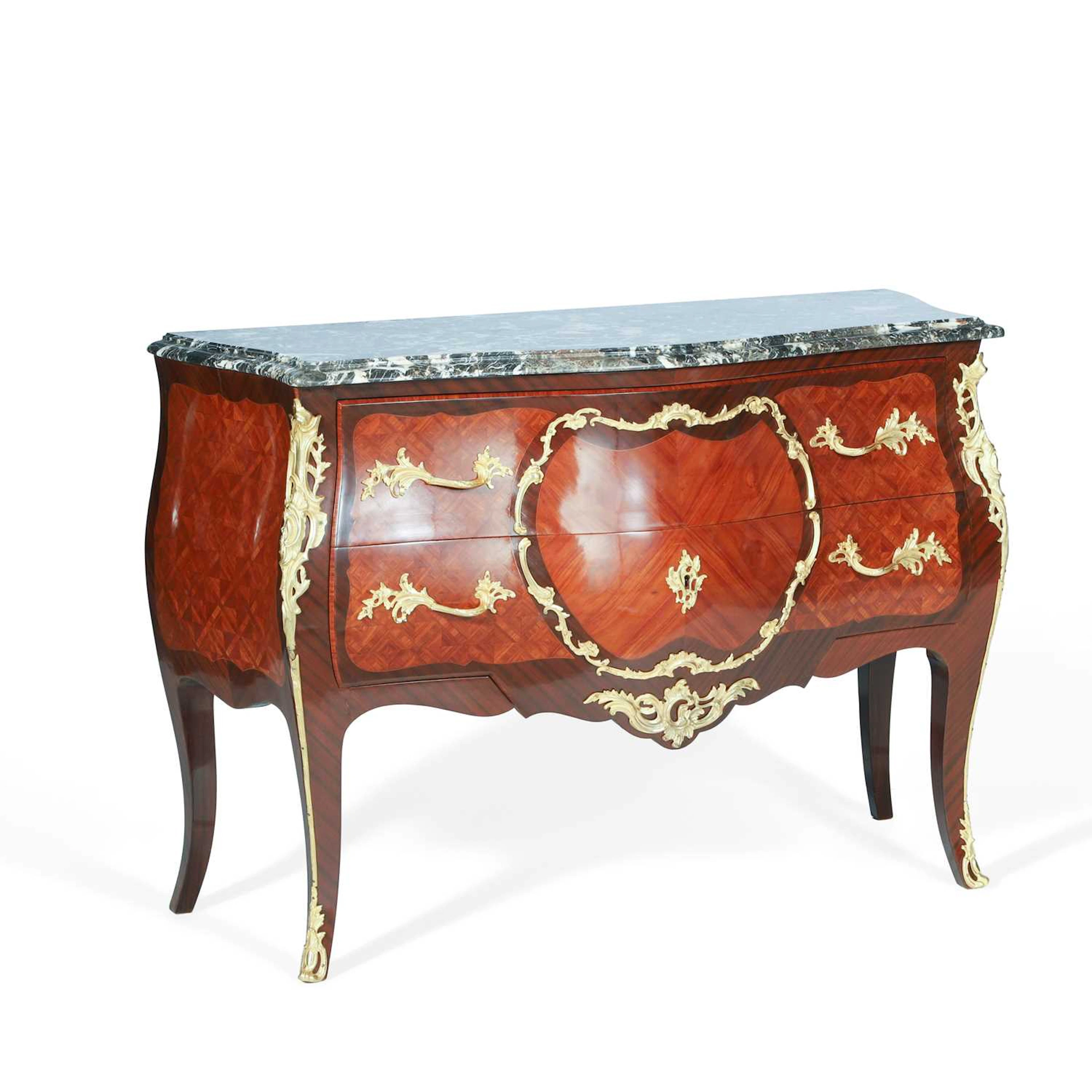 A LOUIS XV STYLE KINGWOOD AND PARQUETRY COMMODE