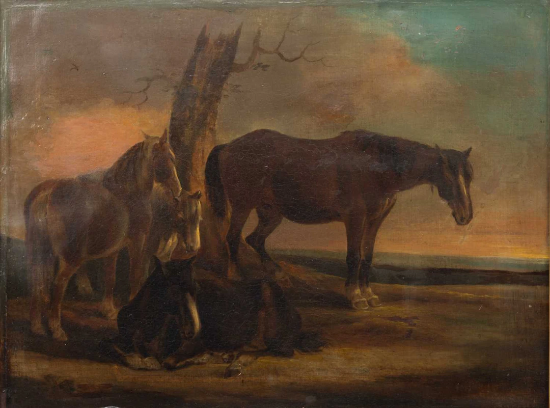 19TH CENTURY ENGLISH SCHOOL PONIES RESTING IN A LANDSCAPE