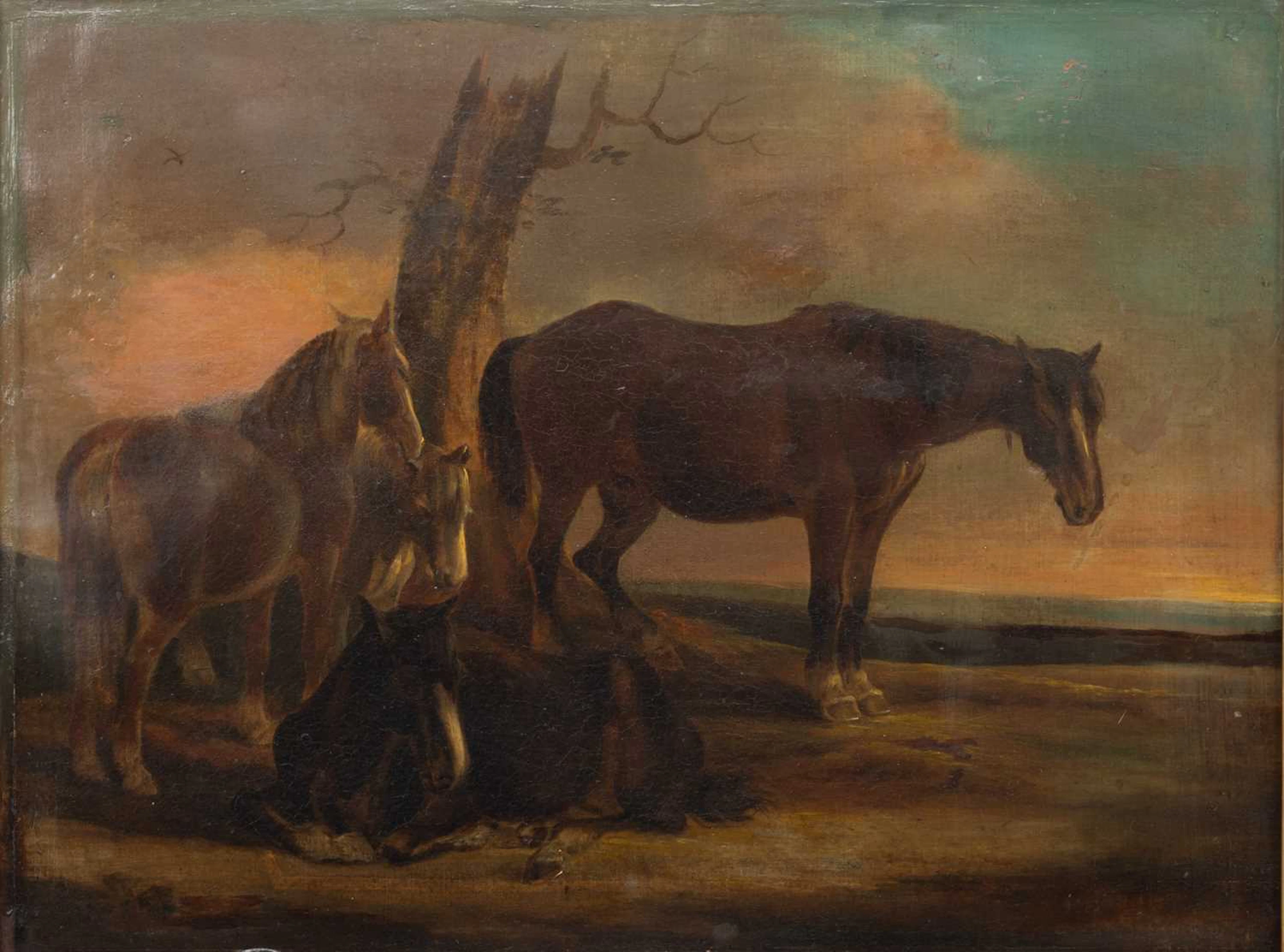 19TH CENTURY ENGLISH SCHOOL PONIES RESTING IN A LANDSCAPE