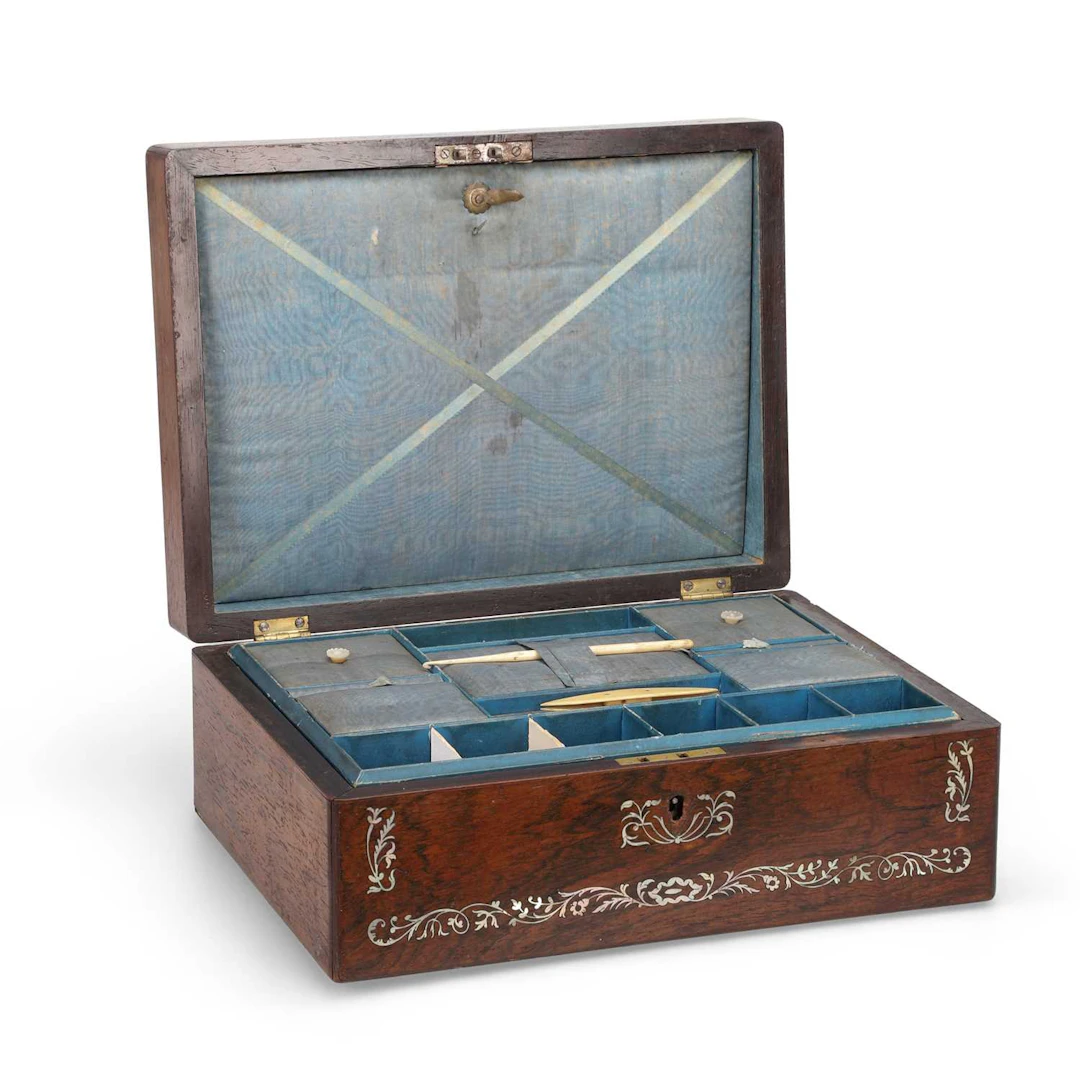 A VICTORIAN ROSEWOOD AND MOTHER-OF-PEARL INLAID WORK BOX