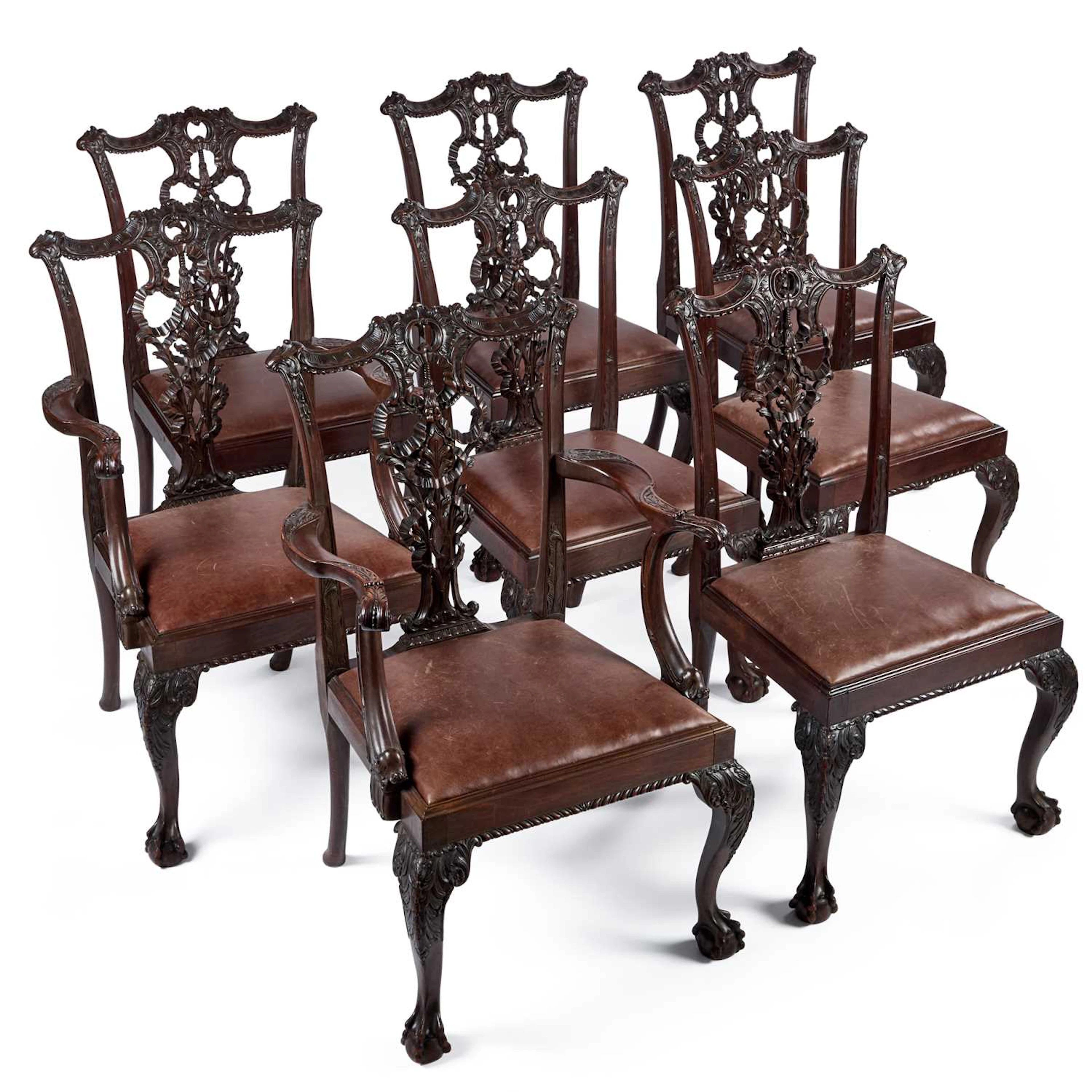 A SET OF EIGHT VICTORIAN MAHOGANY DINING CHAIRS IN THE CHIPPENDALE TASTE